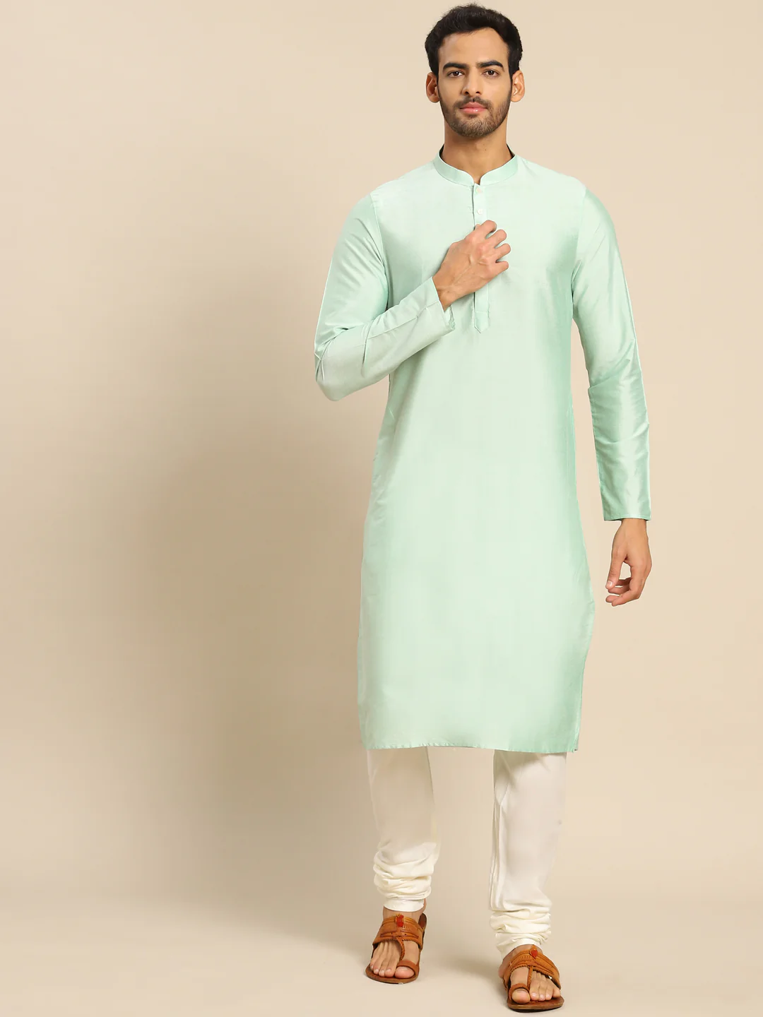 Mint Green Silk Blend Kurta Churidar Set - Image 6