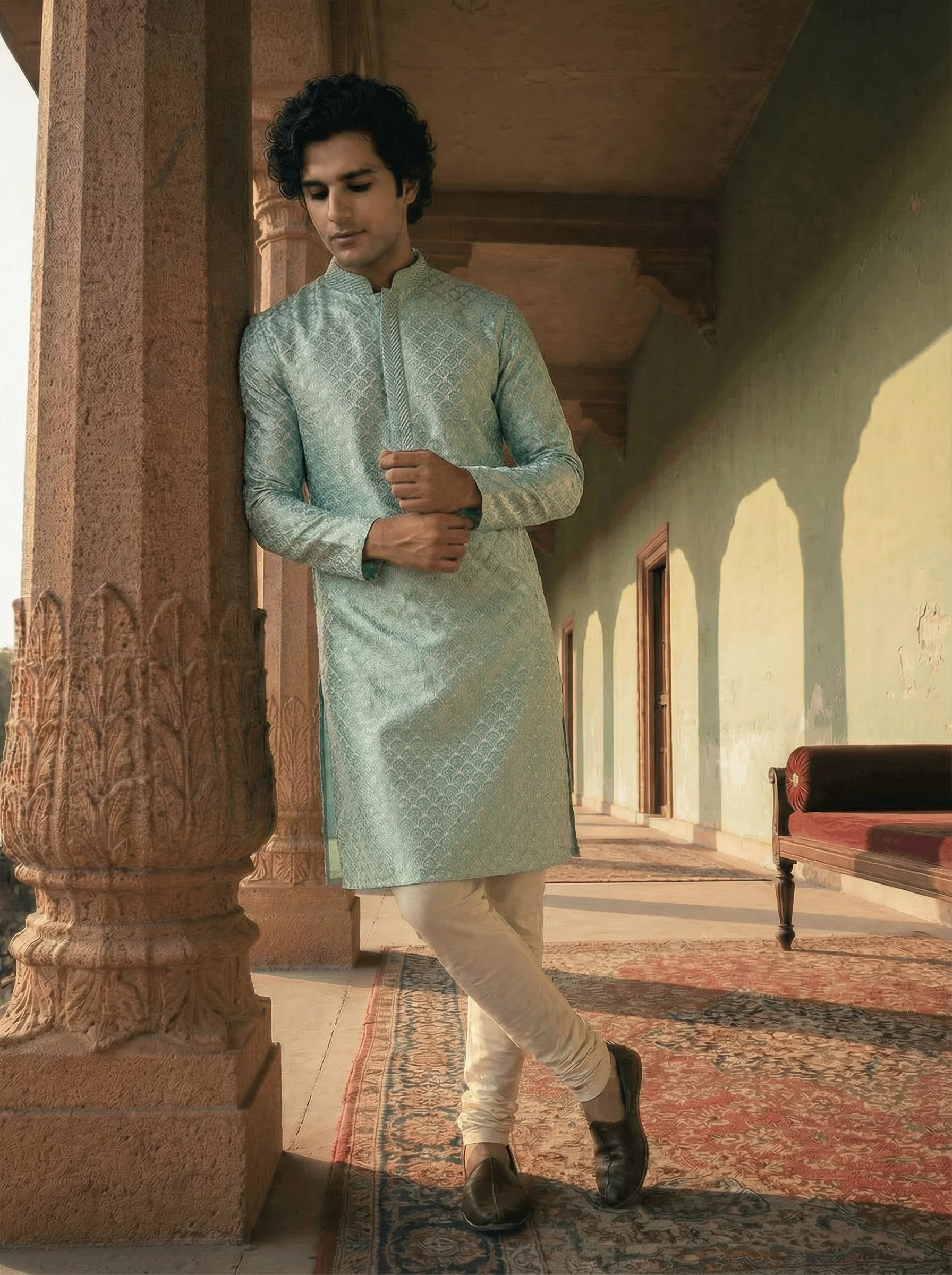 Aqua Green Silk Blend Jacquard Long Kurta