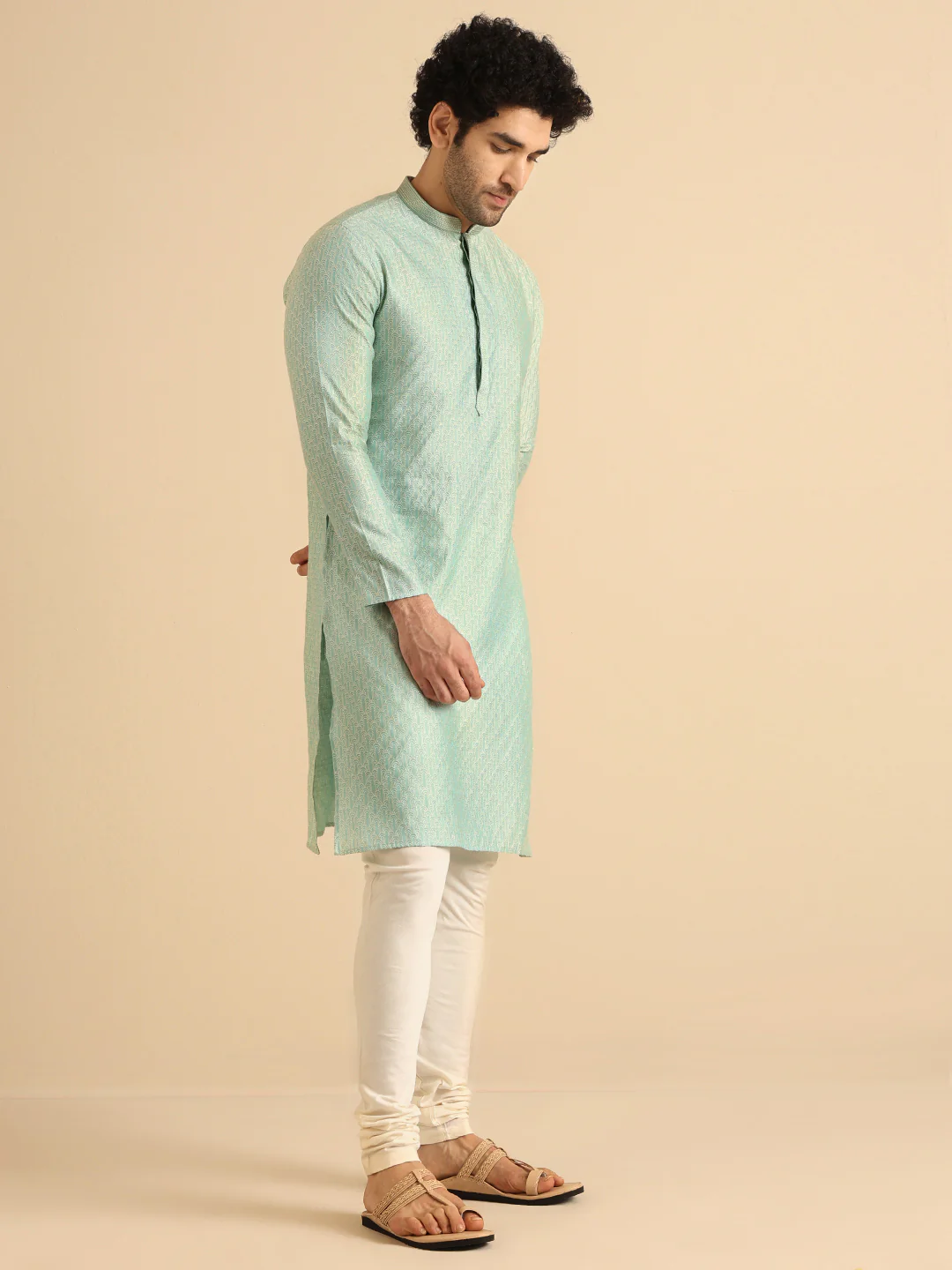 Aqua Green Silk Blend Jacquard Long Kurta - Image 3