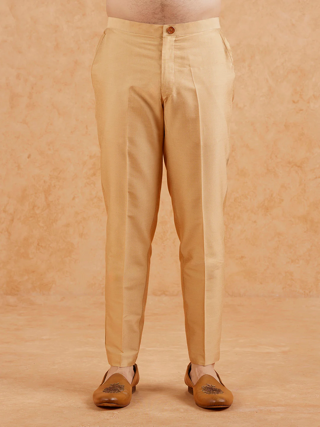 Beige Blended Solid Trouser