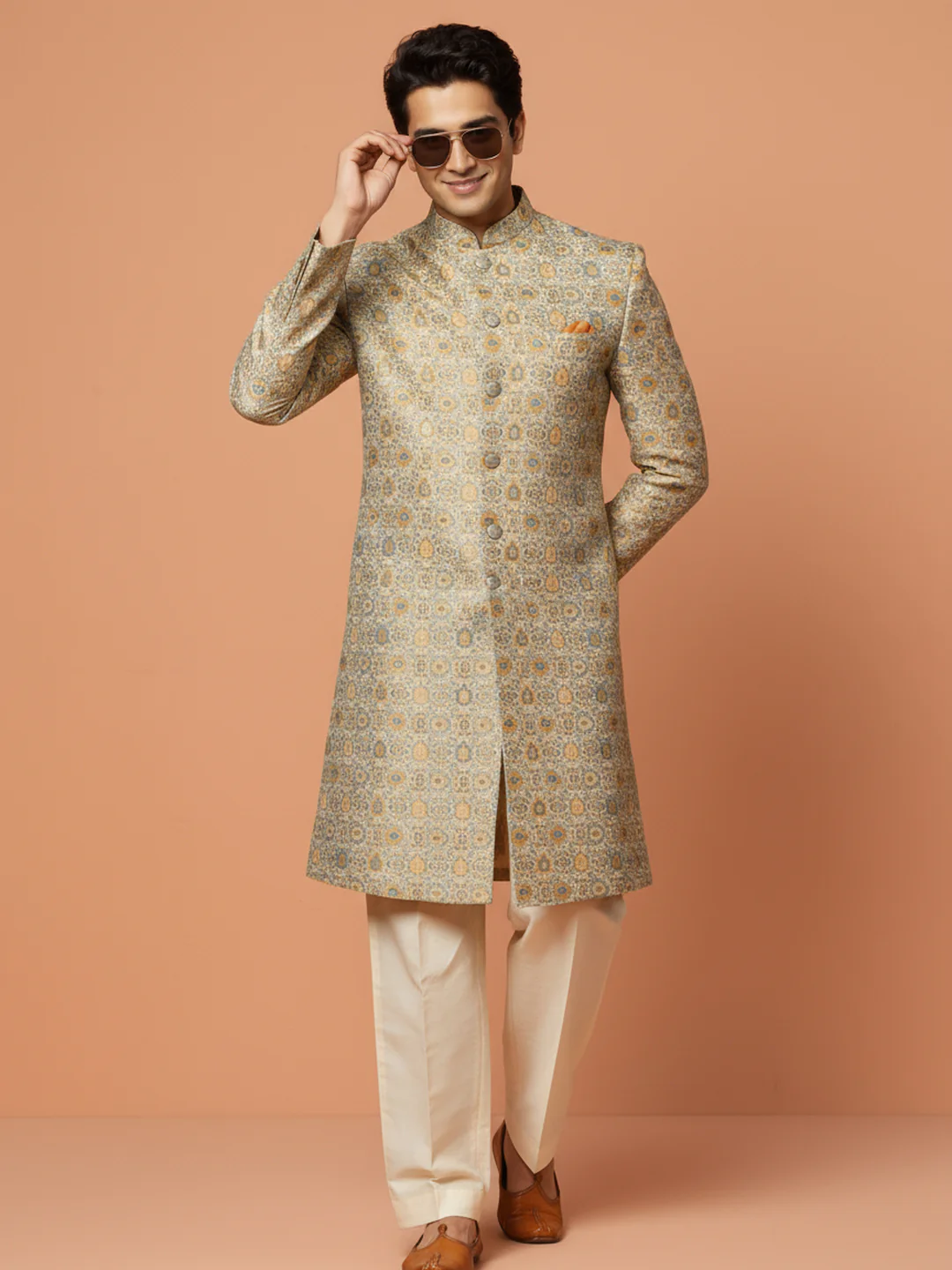 Beige Brocade Sherwani Trouser Set