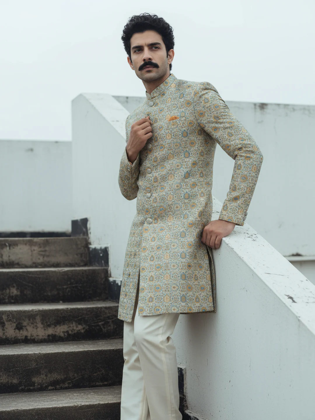 Beige Brocade Sherwani Trouser Set - Image 2