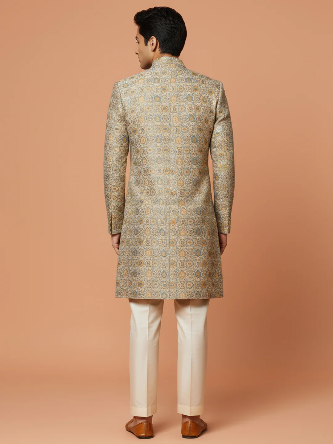 Beige Brocade Sherwani Trouser Set - Image 3