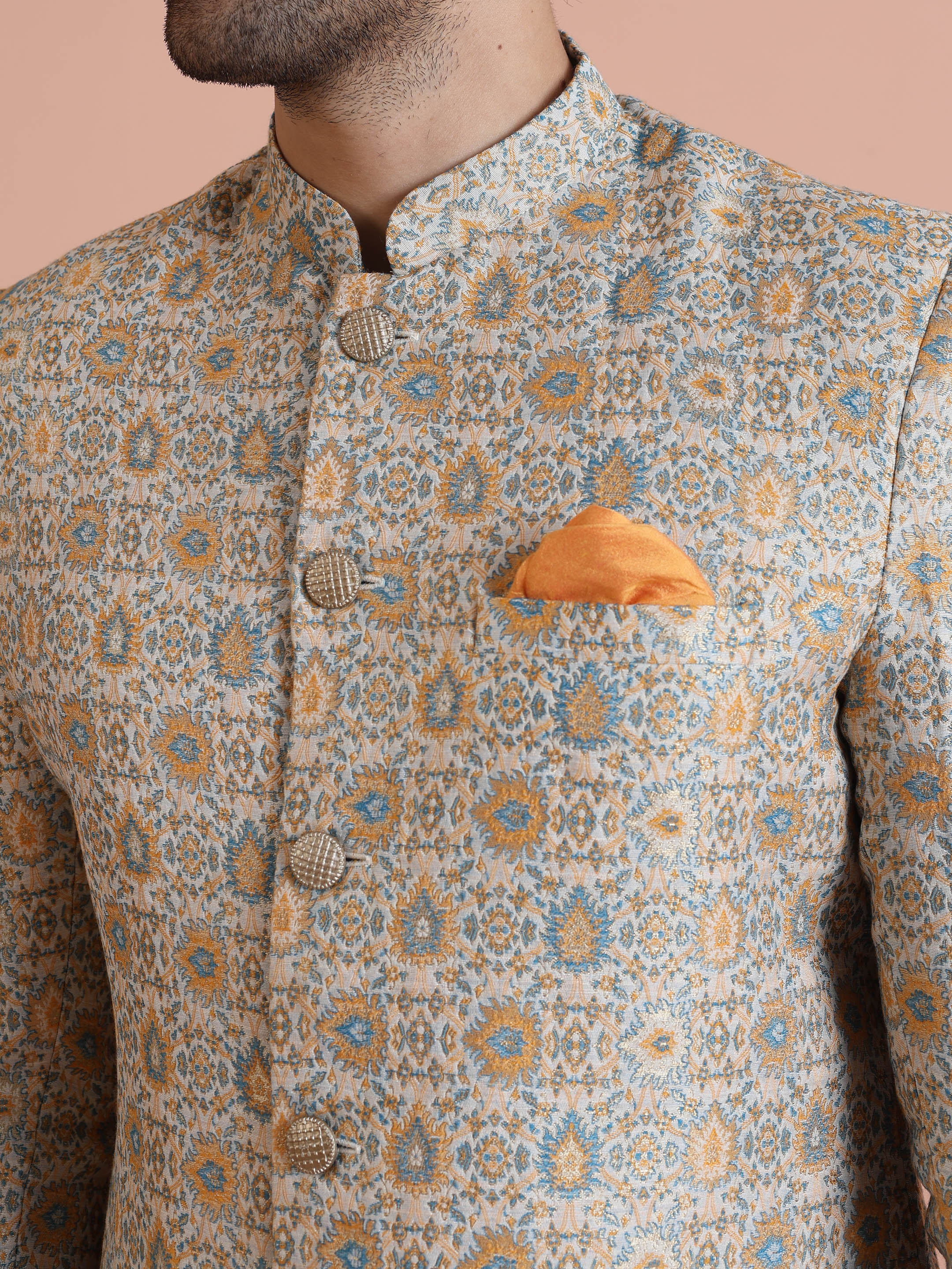 Beige Brocade Sherwani Trouser Set - Image 4