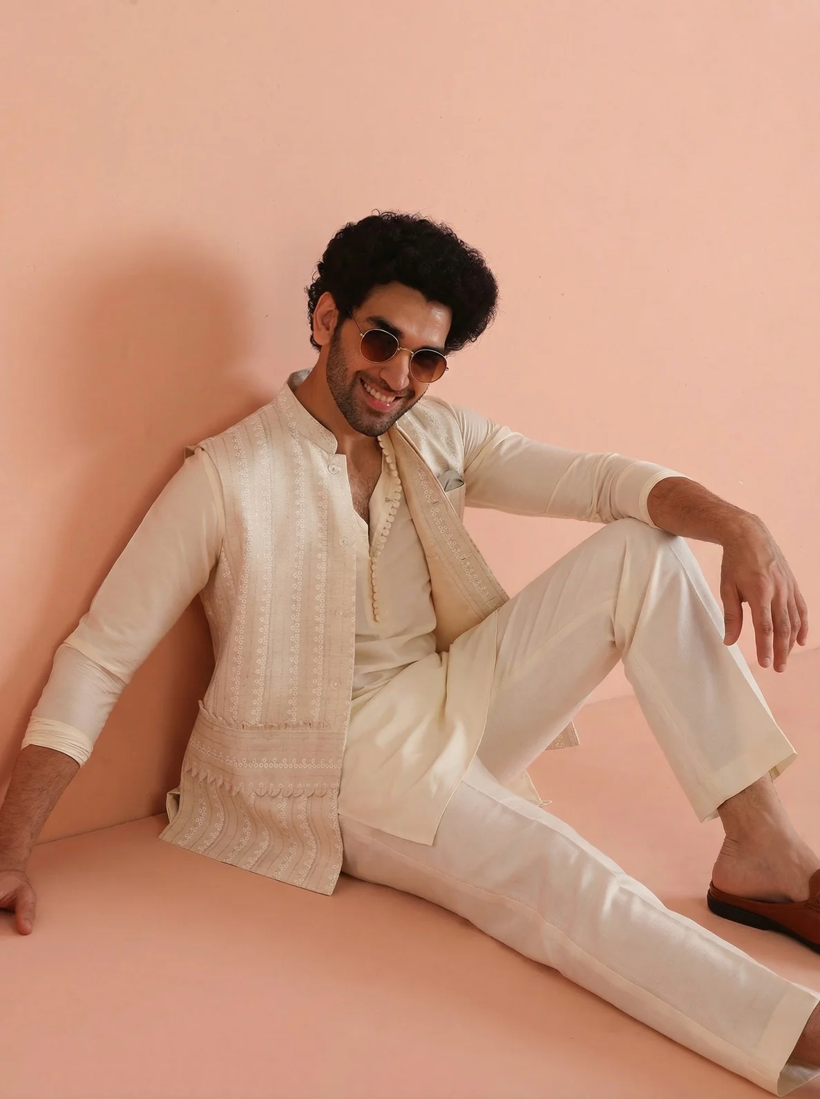Beige Cotton Blend Embroidered Mid Kurta Jacket Wide Leg Trouser Set