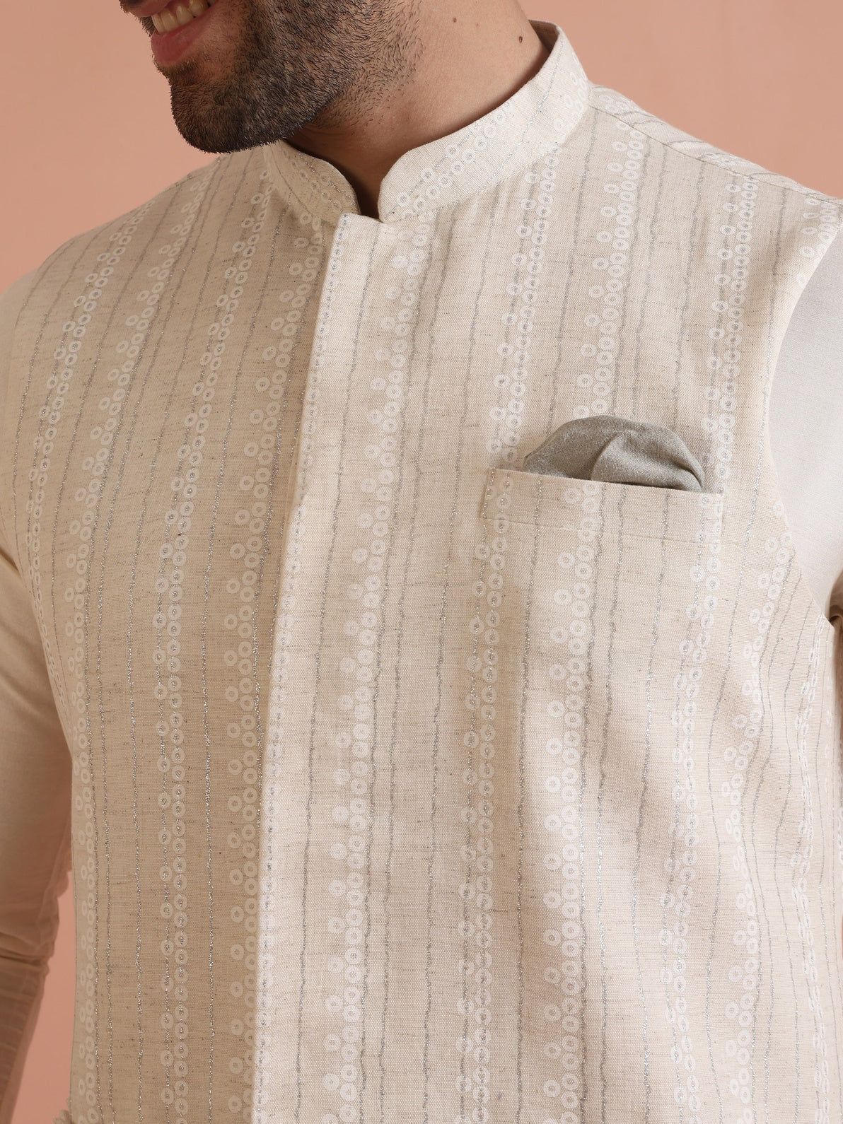 Beige Cotton Blend Embroidered Mid Kurta Jacket Wide Leg Trouser Set - Image 4