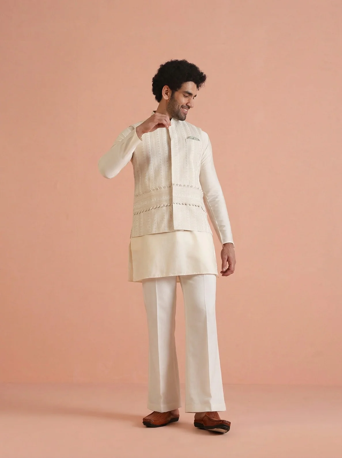 Beige Cotton Blend Embroidered Mid Kurta Jacket Wide Leg Trouser Set - Image 9