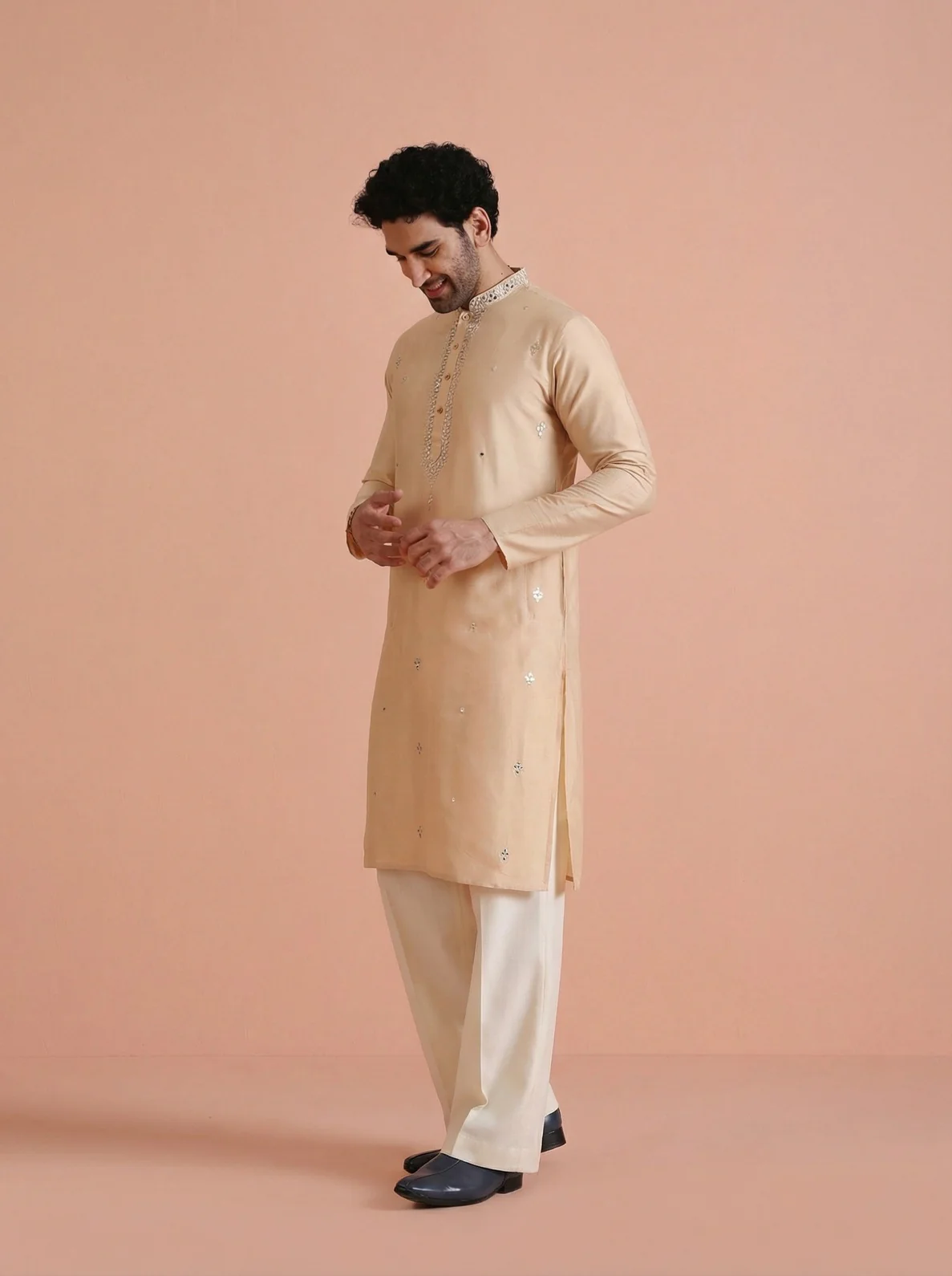 Beige Cotton Blend Mirror Work Kurta Wide Leg Trouser Set