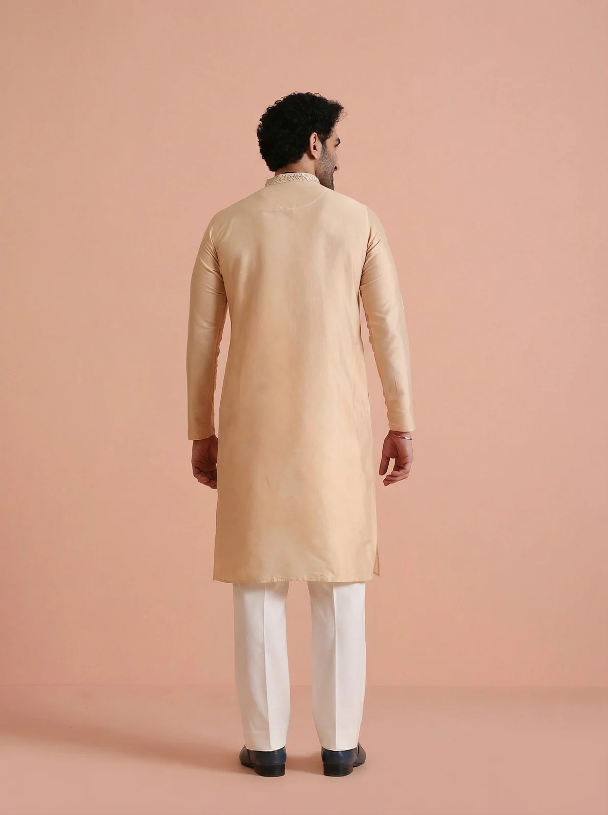 Beige Cotton Blend Mirror Work Kurta Wide Leg Trouser Set - Image 3