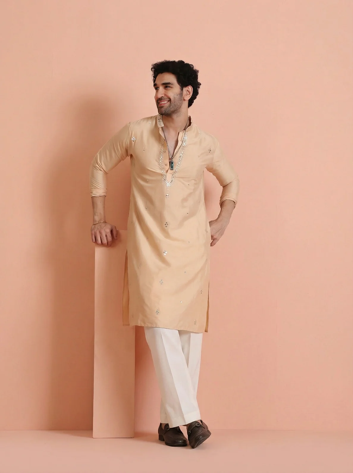Beige Cotton Blend Mirror Work Kurta Wide Leg Trouser Set - Image 6