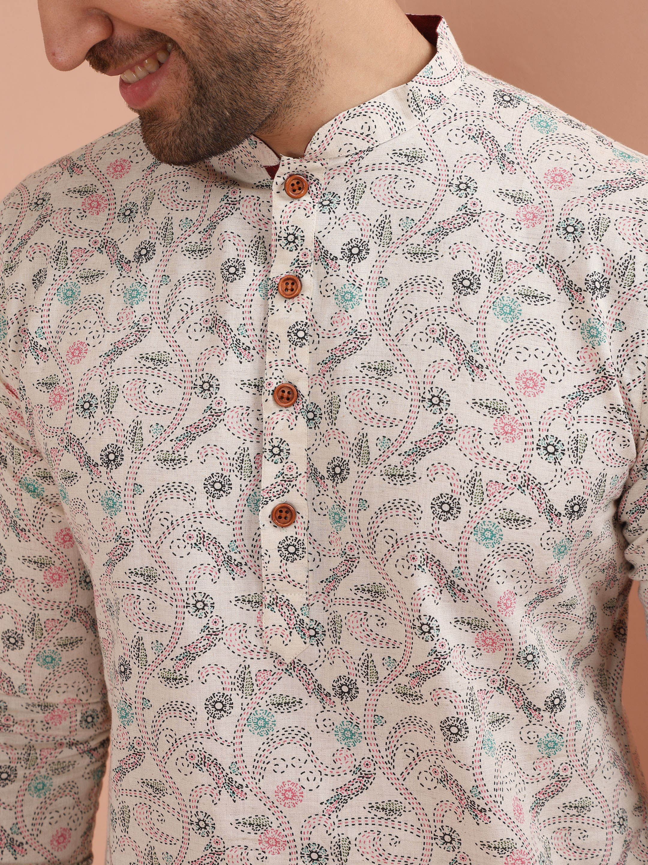 Beige Cotton Blend Printed Kurta Dhoti Set - Image 5