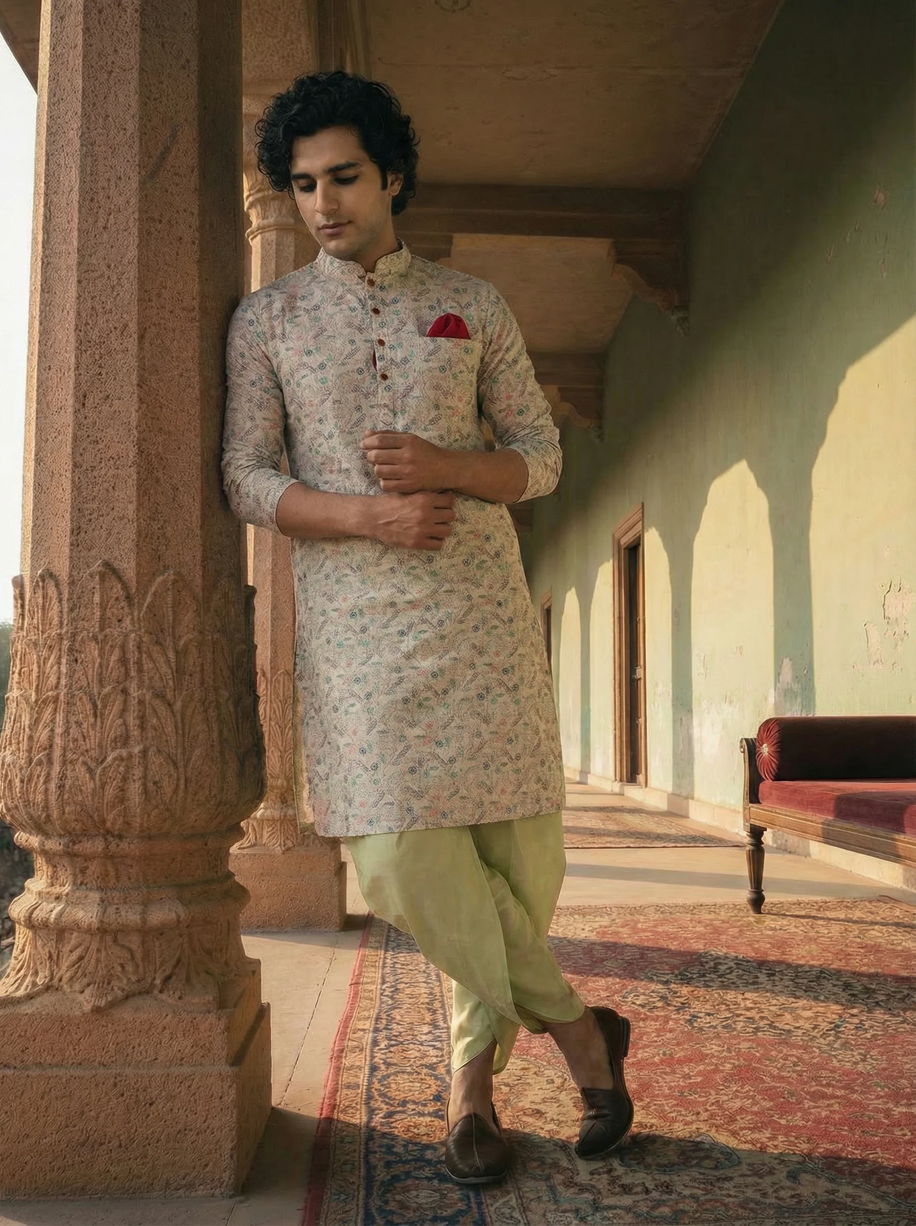Beige Cotton Blend Printed Long Kurta