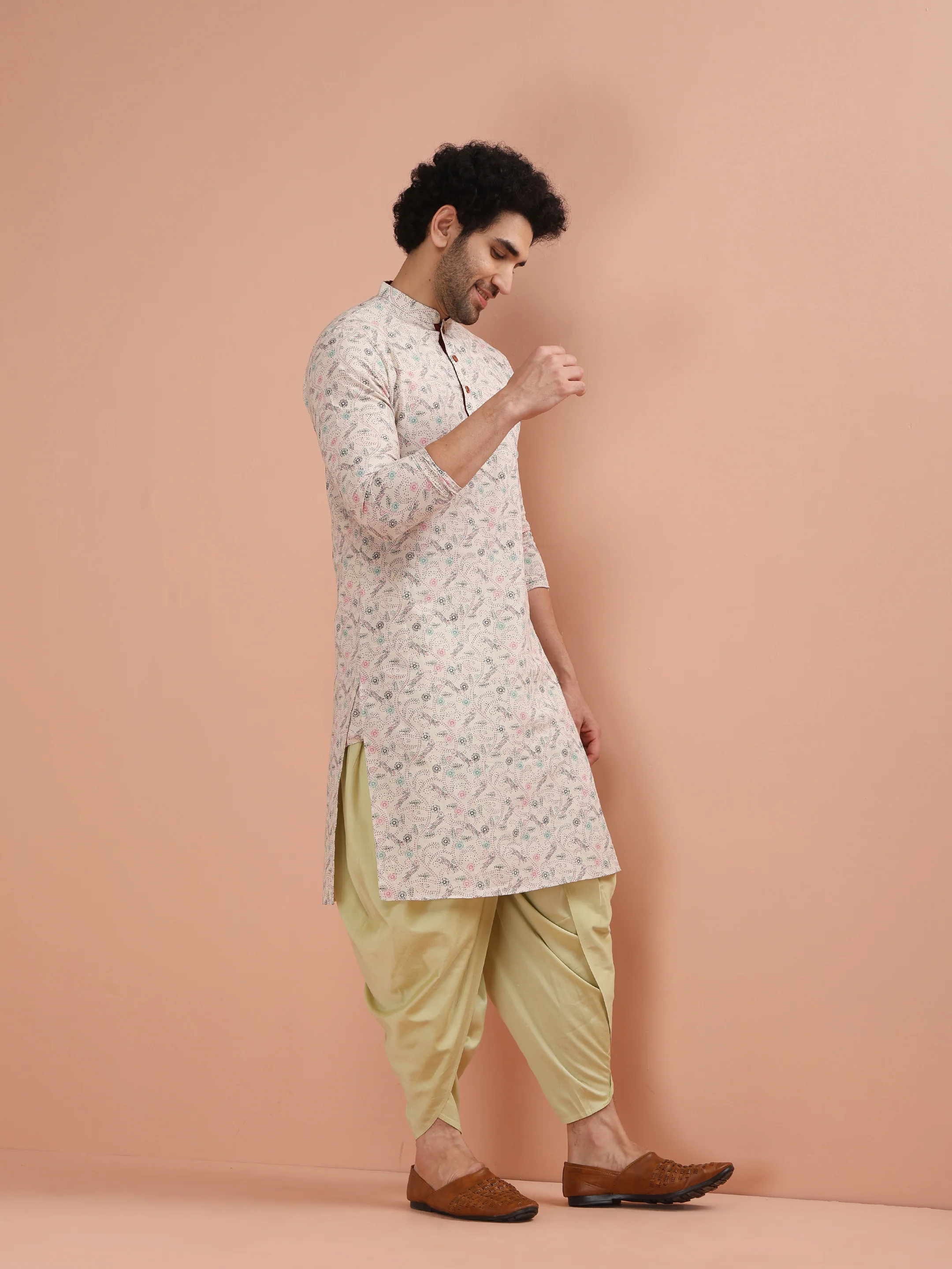 Beige Cotton Blend Printed Long Kurta - Image 2