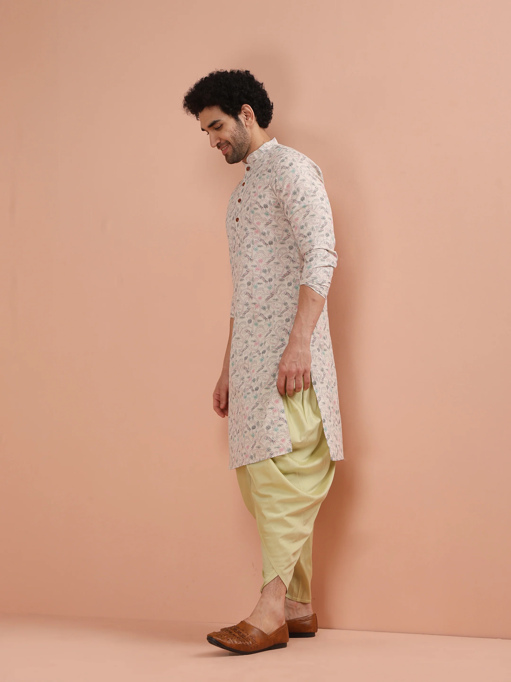 Beige Cotton Blend Printed Long Kurta - Image 3