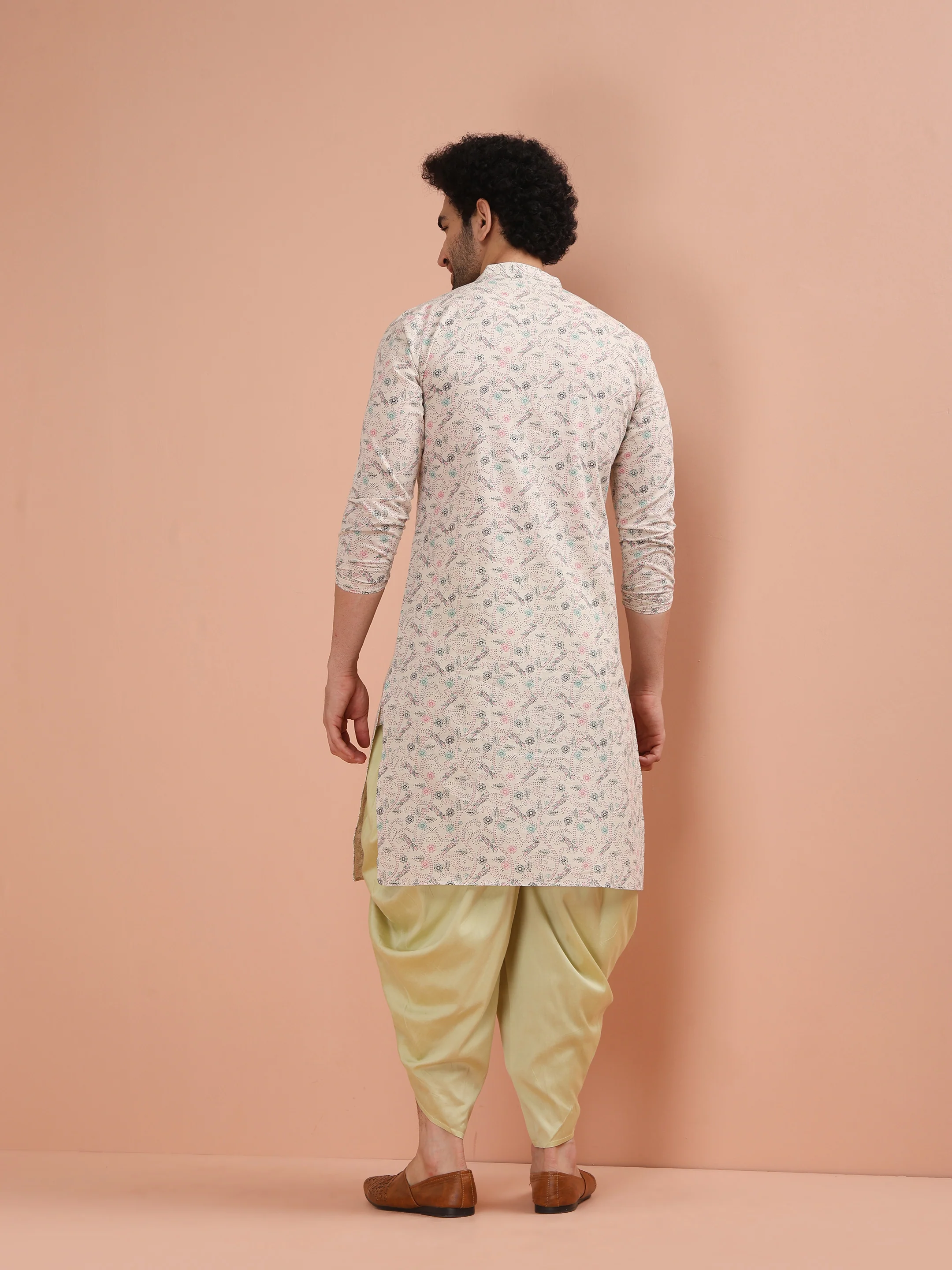 Beige Cotton Blend Printed Long Kurta - Image 4