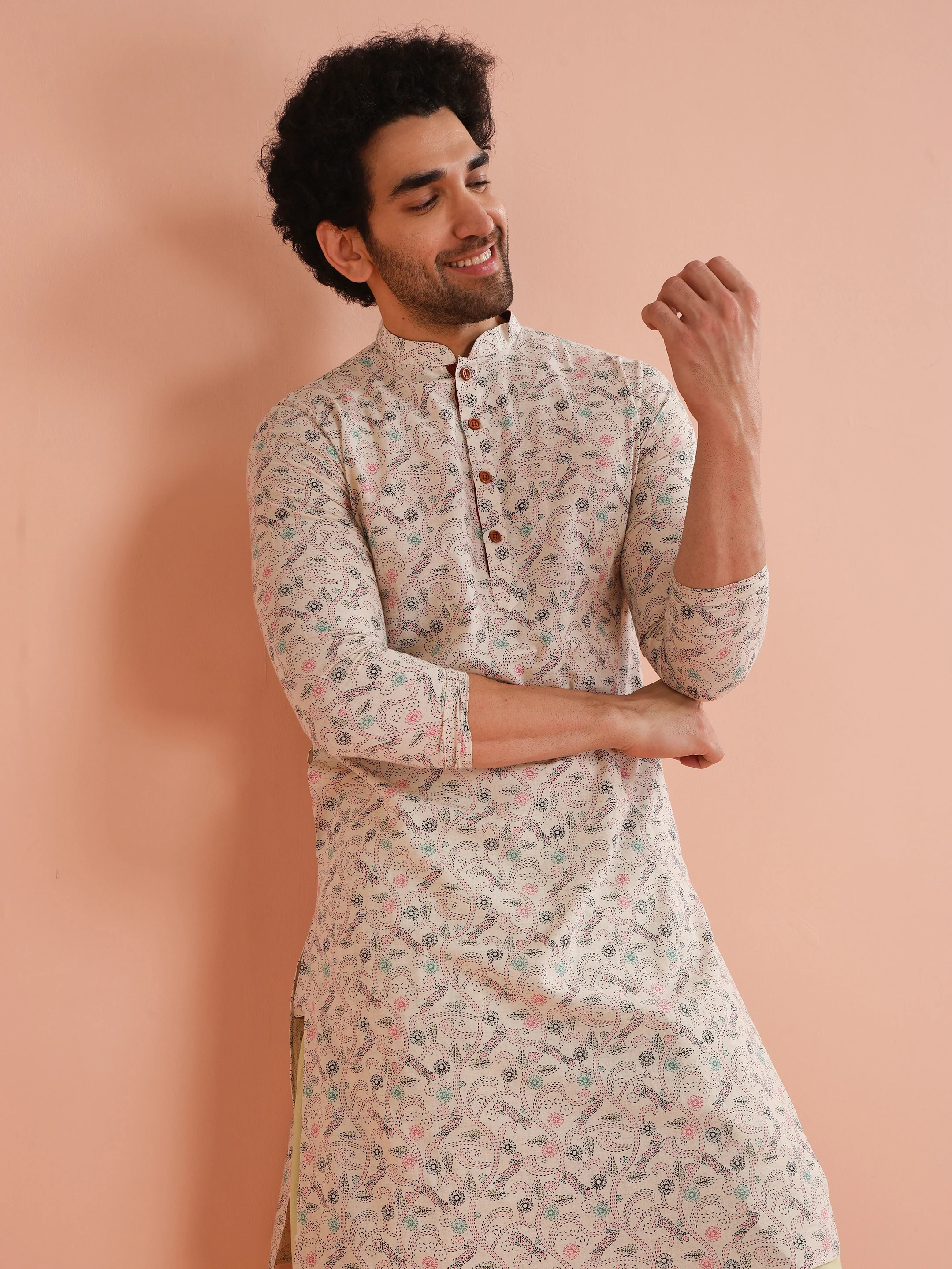 Beige Cotton Blend Printed Long Kurta - Image 6
