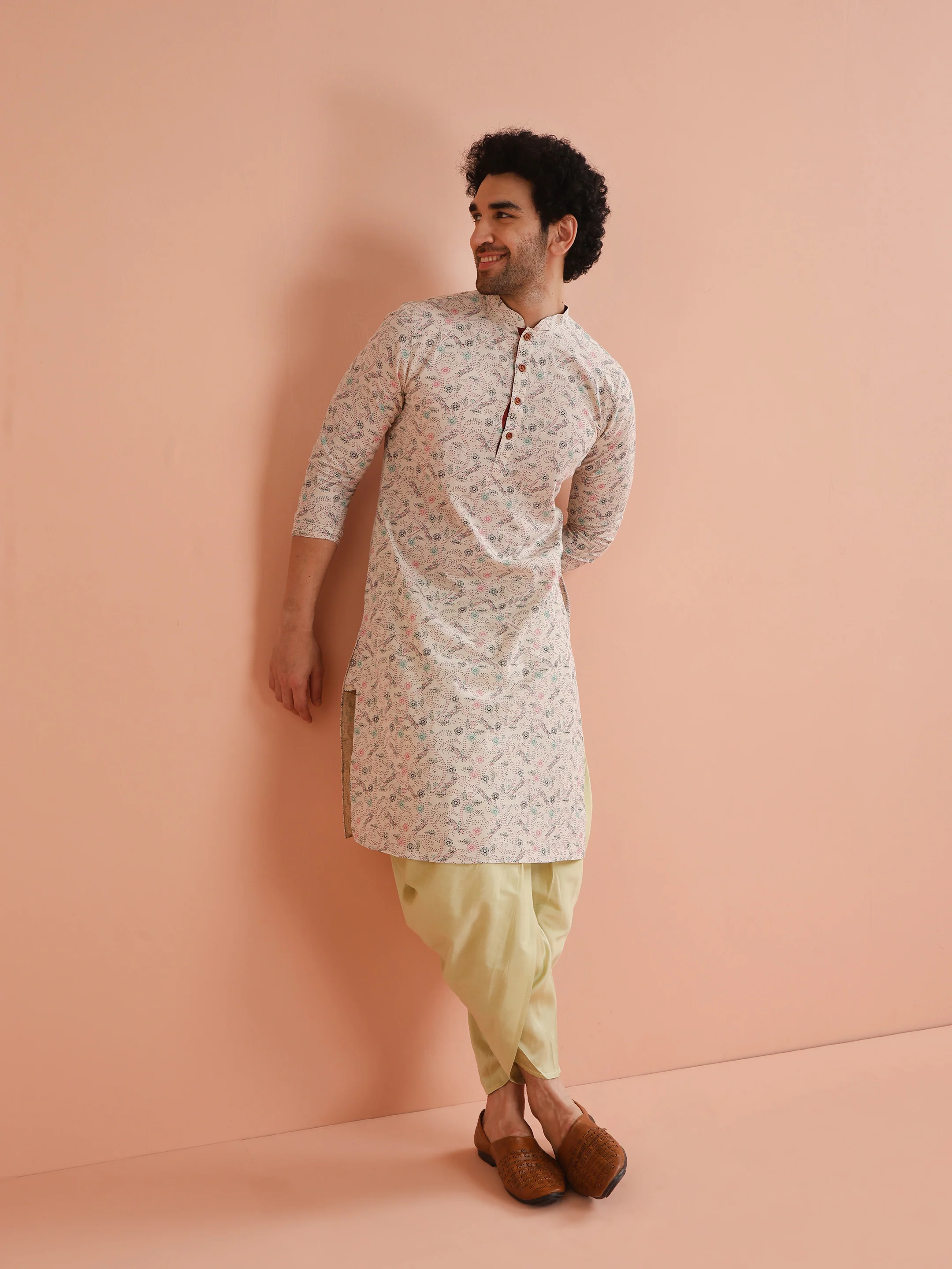 Beige Cotton Blend Printed Long Kurta - Image 7