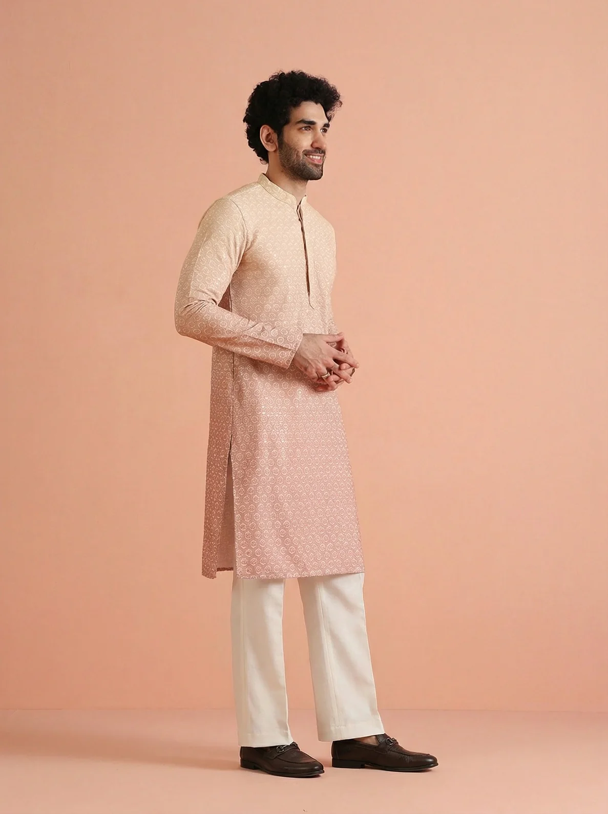 Beige Cotton Blend Schiffli Embellished Kurta Wide Leg Trouser Set - Image 2