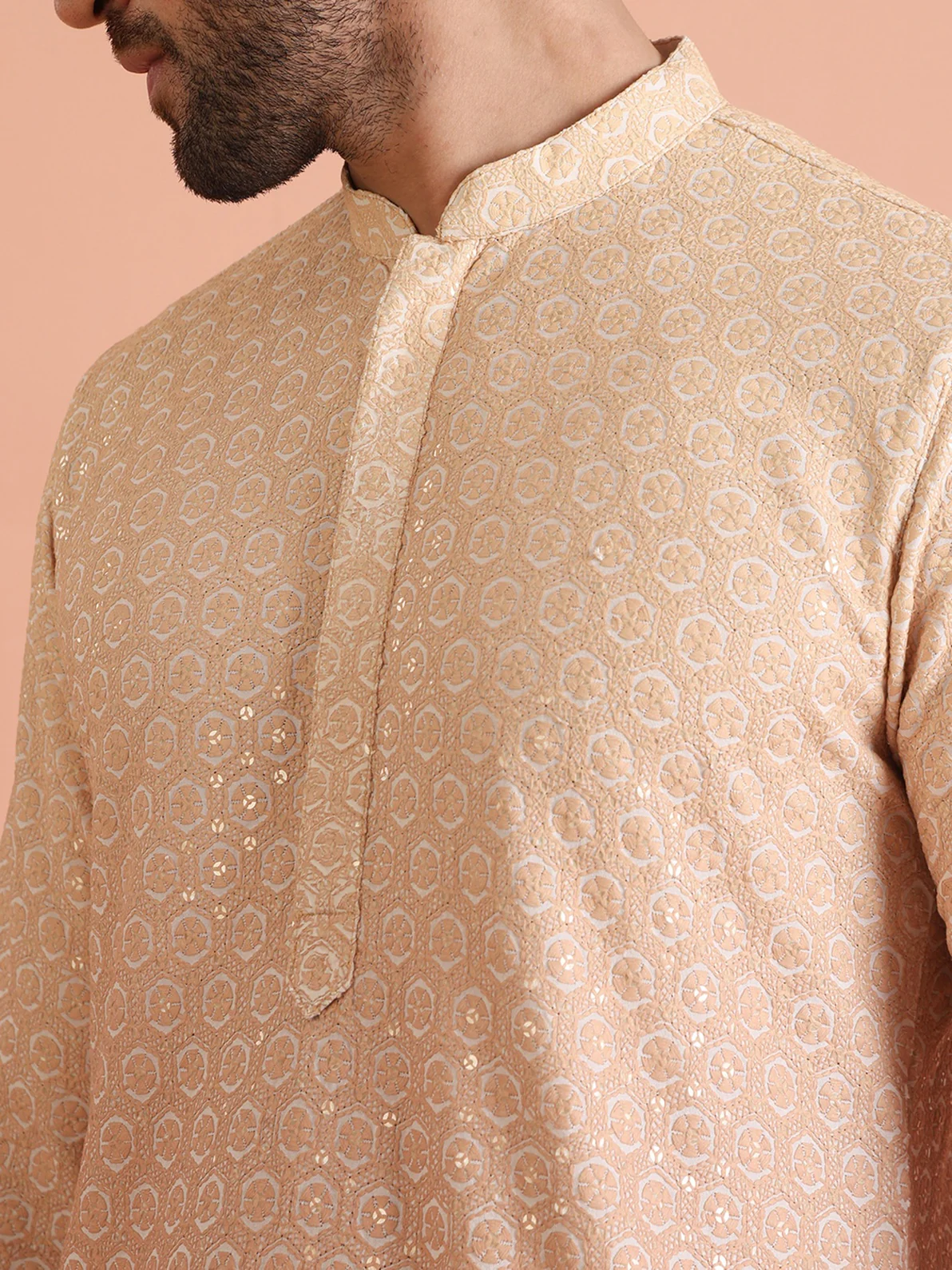 Beige Cotton Blend Schiffli Embellished Kurta Wide Leg Trouser Set - Image 4