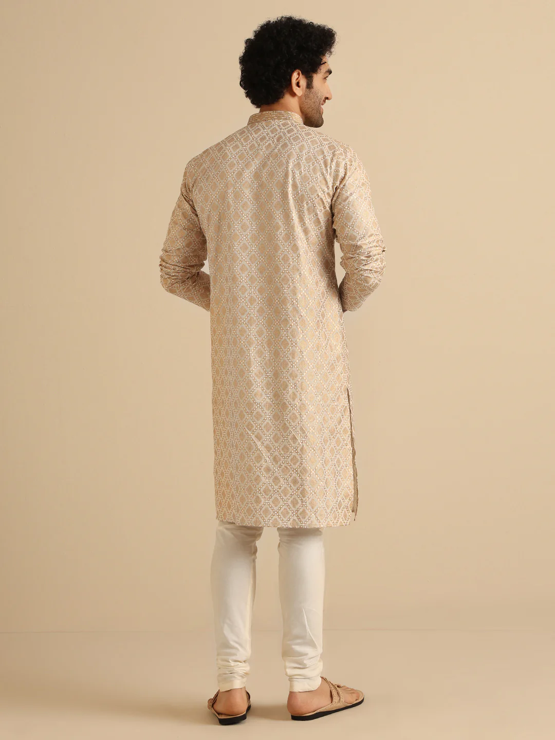 Beige Cotton Blend Textured Printed Kurta - Image 4