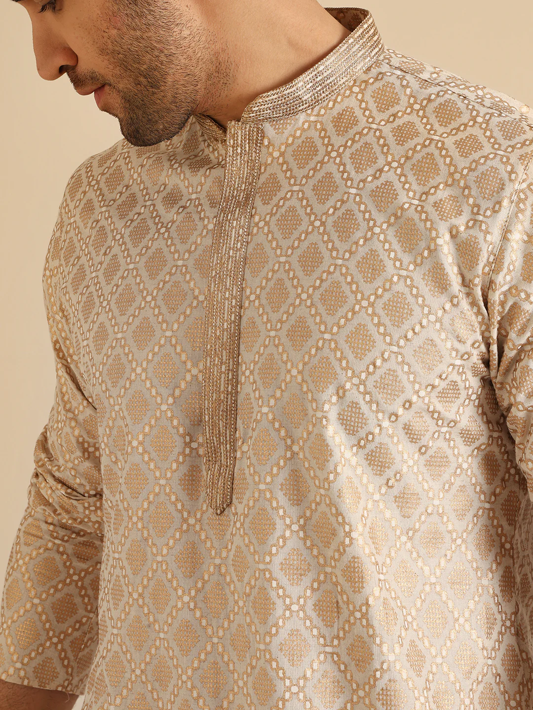 Beige Cotton Blend Textured Printed Kurta - Image 5