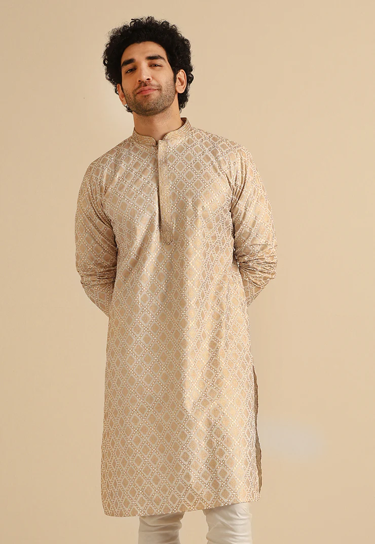 Beige Cotton Blend Textured Printed Kurta - Image 7