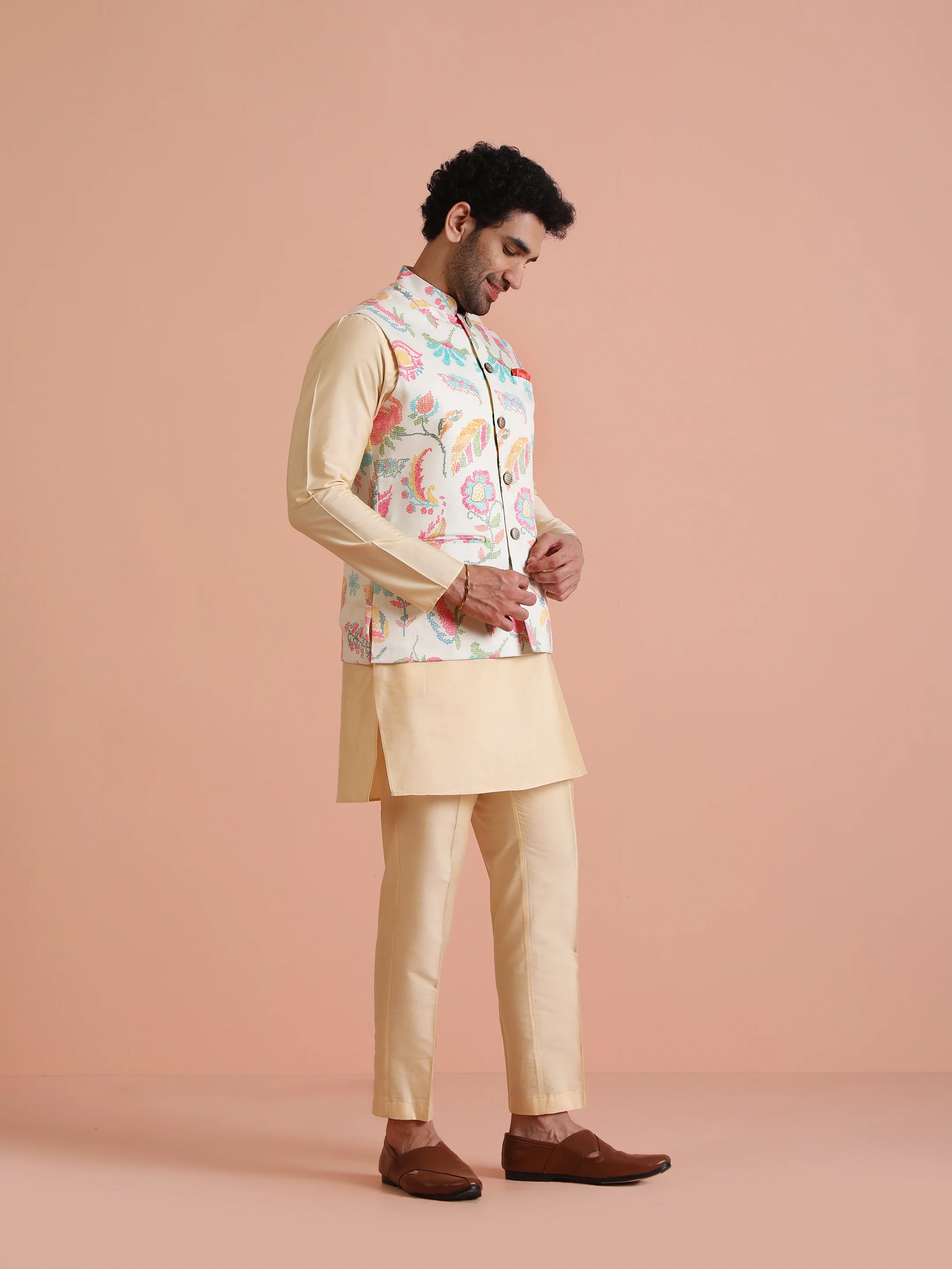 Beige Digital Print Cotton Blend Kurta Jacket Set - Image 2