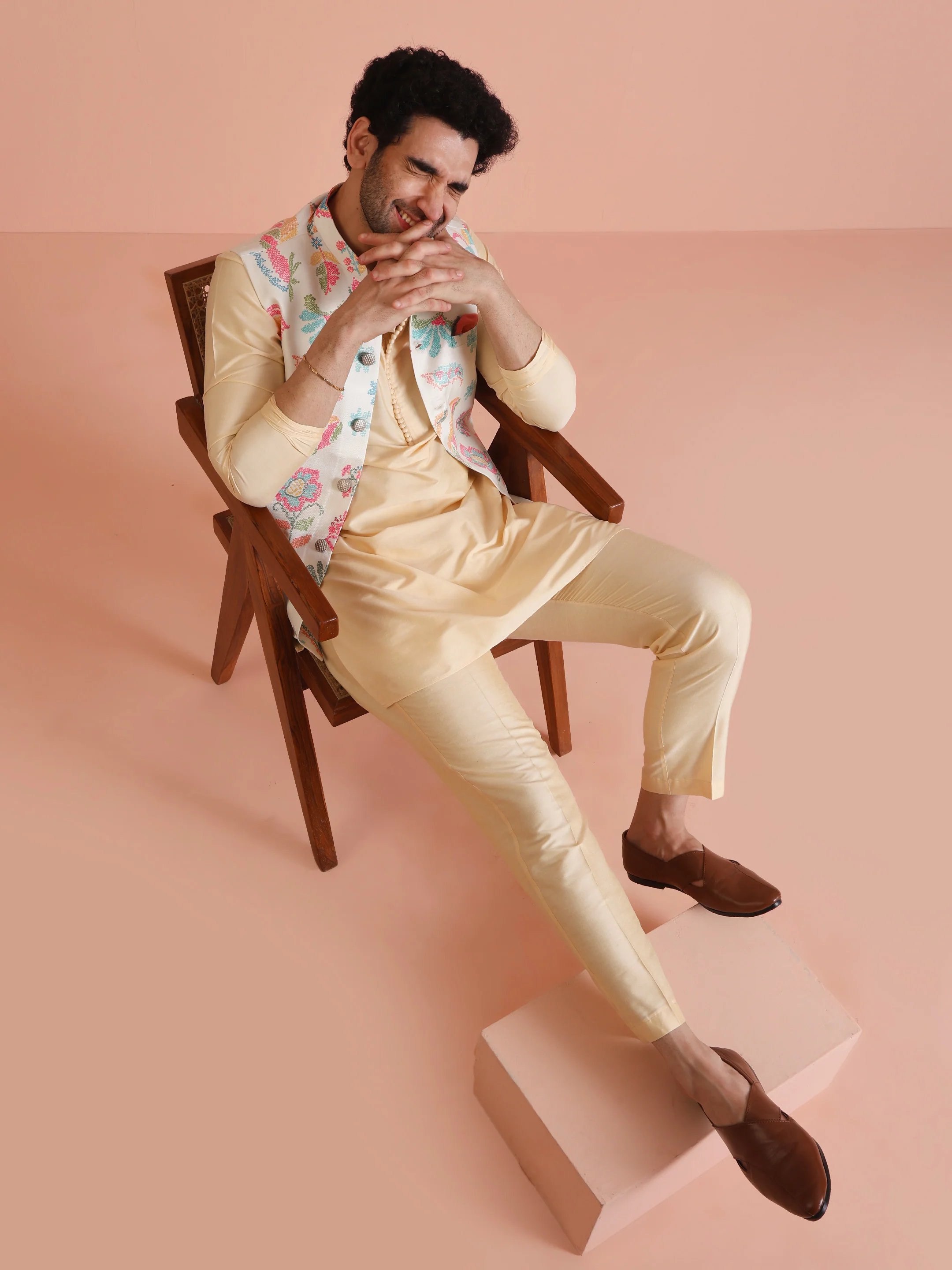 Beige Digital Print Cotton Blend Kurta Jacket Set - Image 8