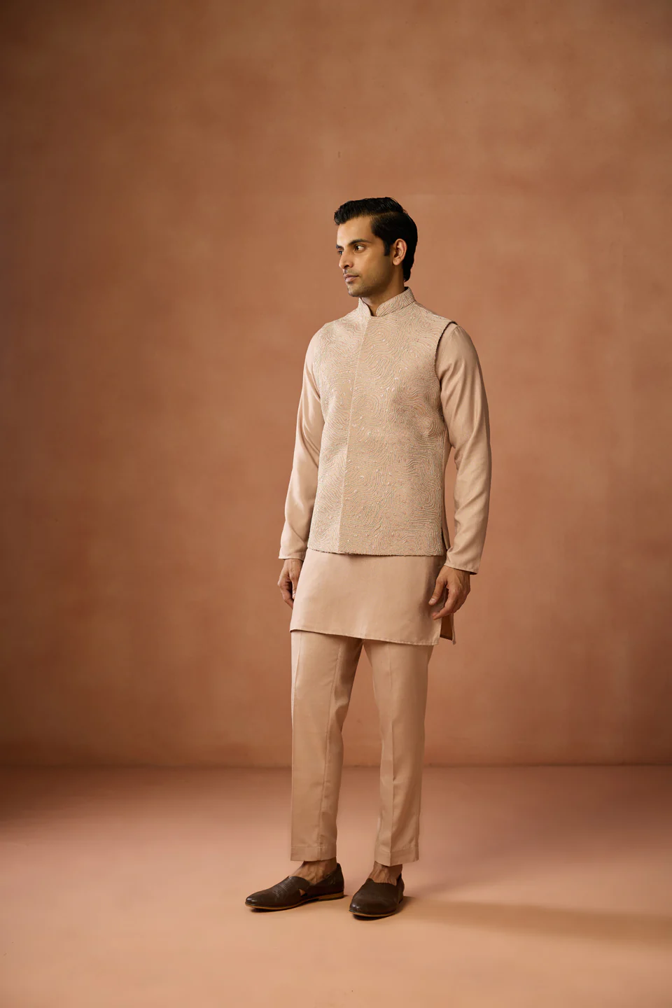 Beige Embroidered Jacket Kurta Set - Image 2