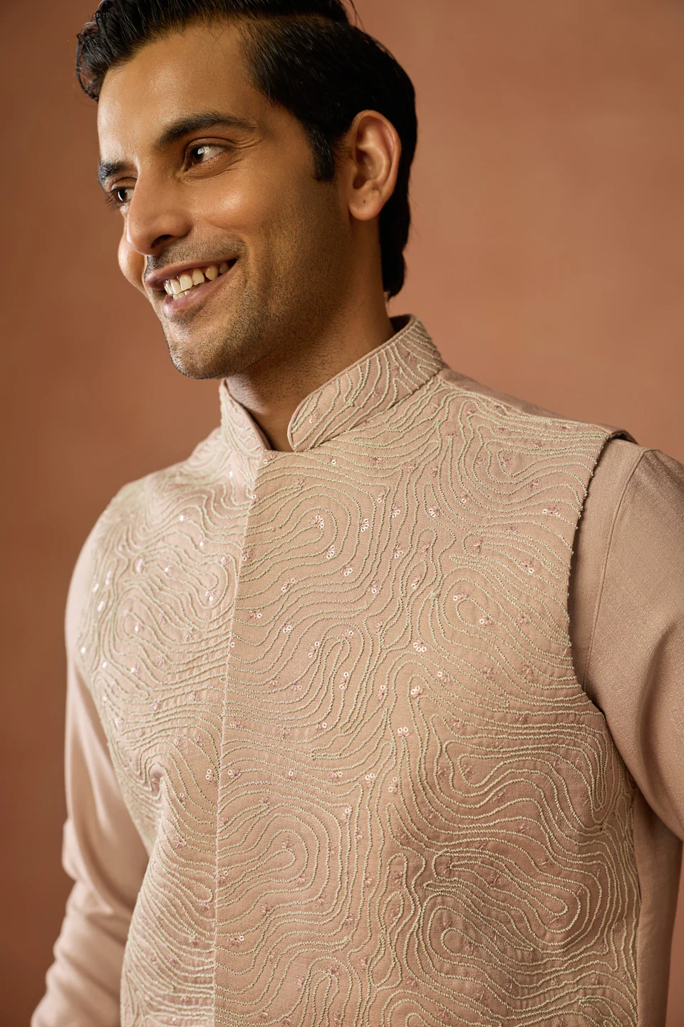 Beige Embroidered Jacket Kurta Set - Image 5