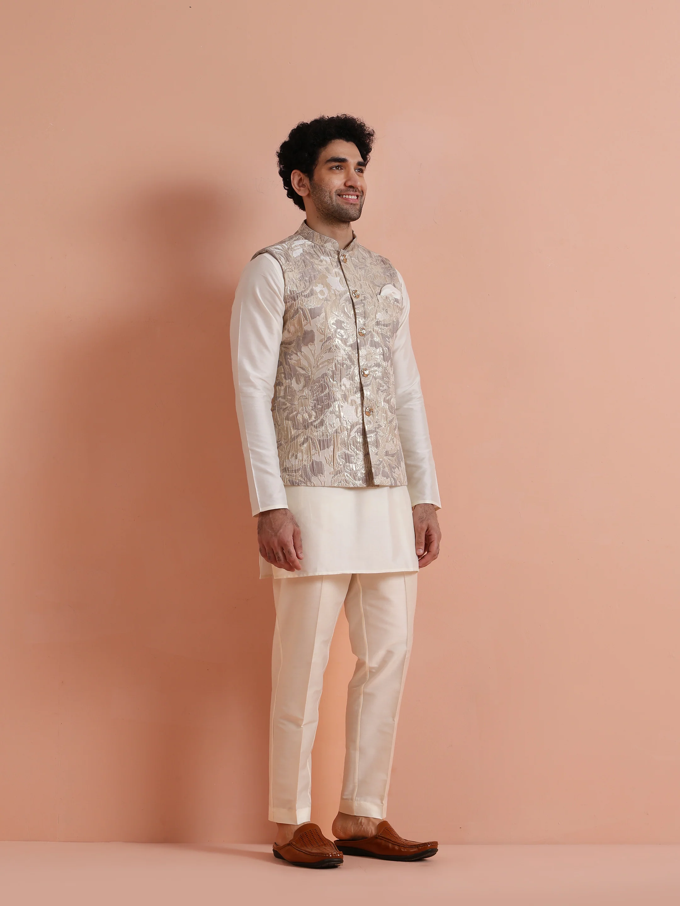 Beige Floral Printed Nehru Jacket â€“ Classic Sophisticated - Image 2