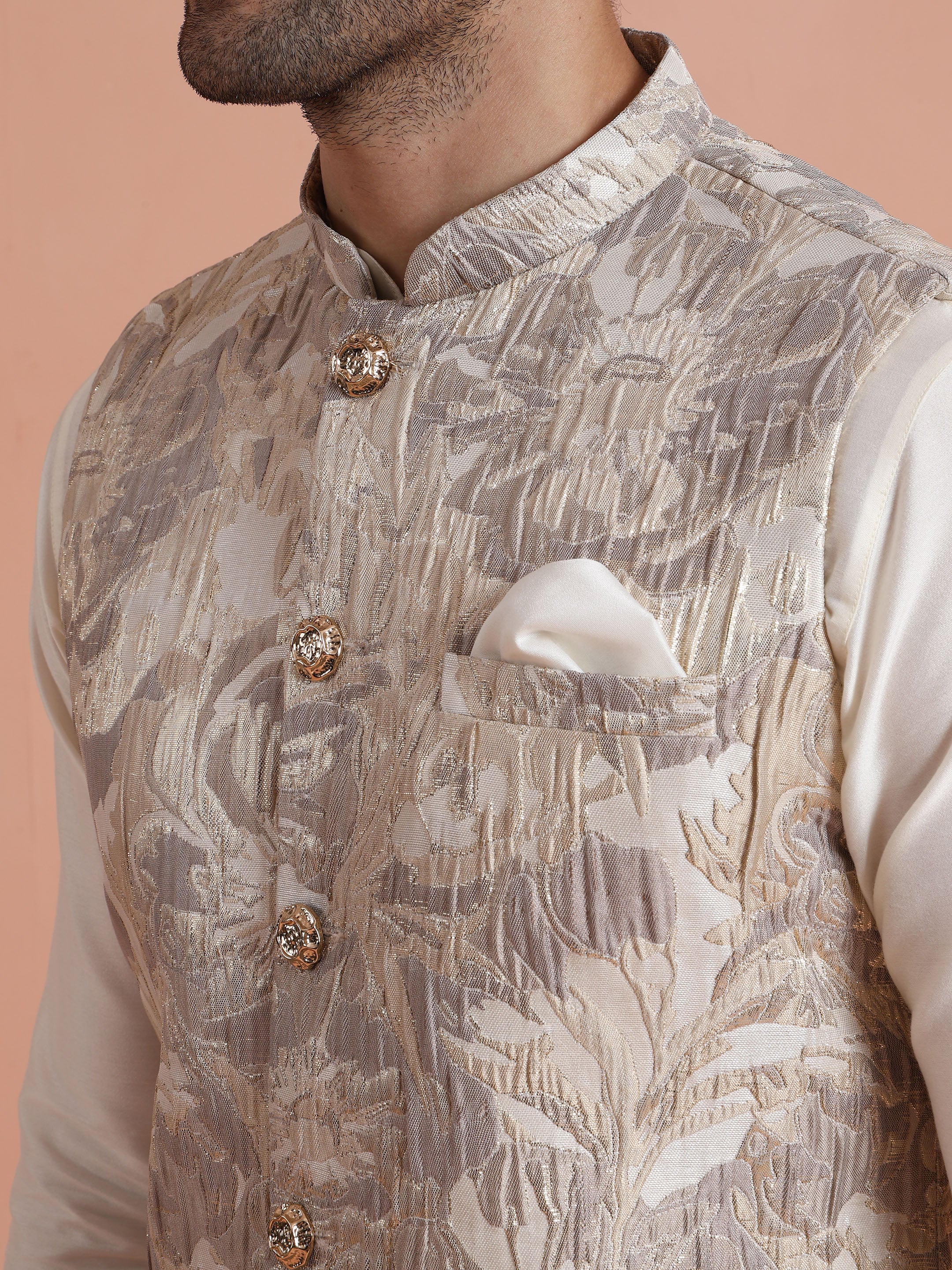 Beige Floral Printed Nehru Jacket â€“ Classic Sophisticated - Image 5
