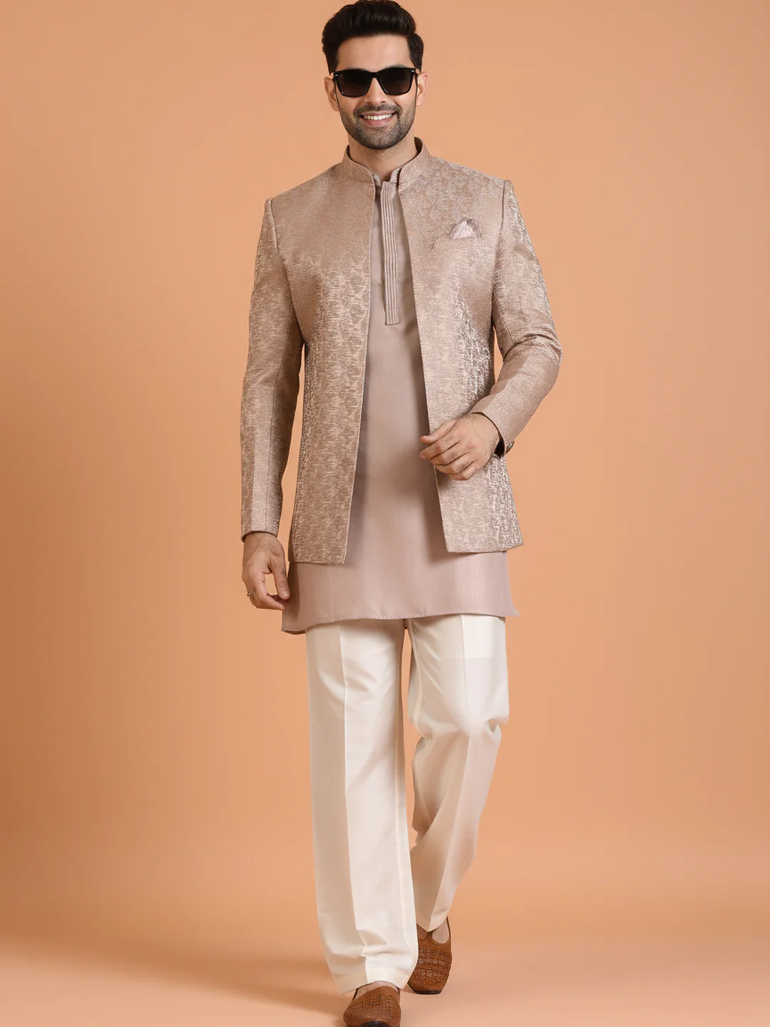 Beige Front-Open Short Sherwani Set