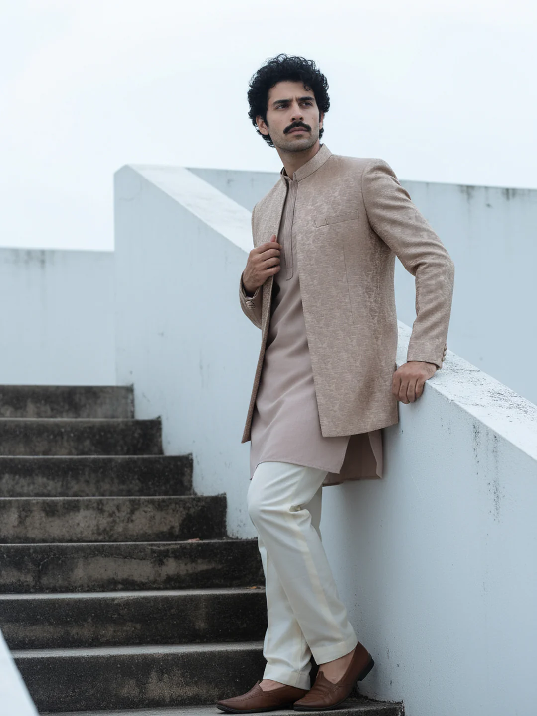 Beige Front-Open Short Sherwani Set - Image 2