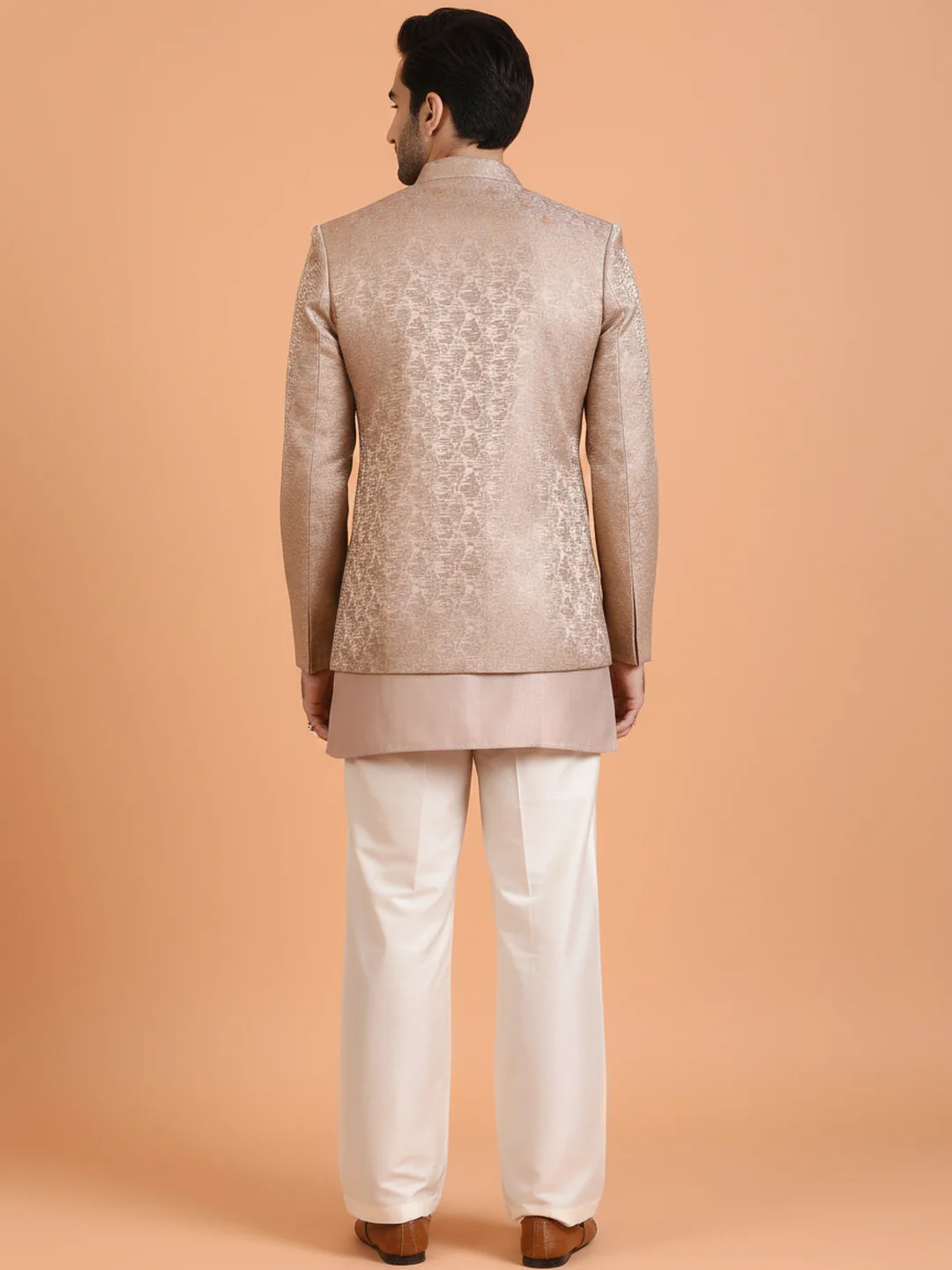 Beige Front-Open Short Sherwani Set - Image 4