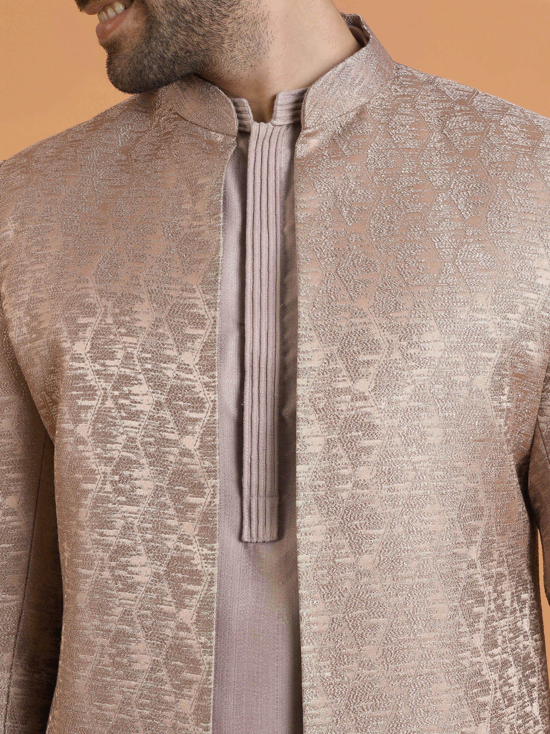 Beige Front-Open Short Sherwani Set - Image 5