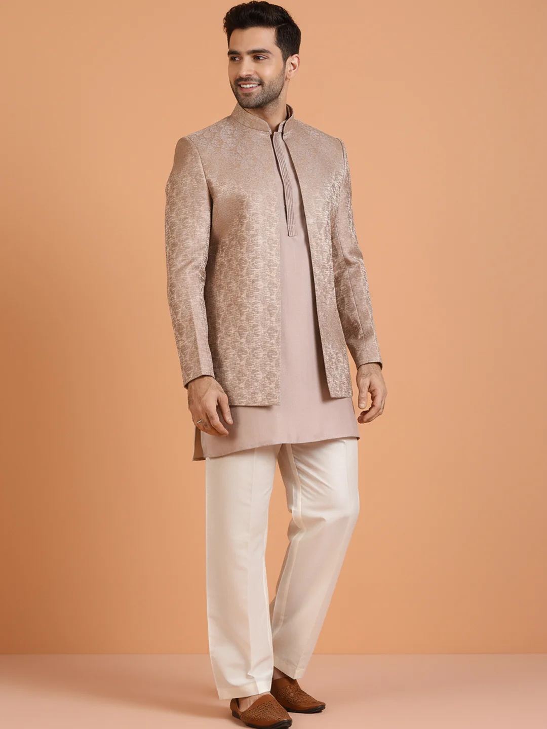 Beige Front-Open Short Sherwani Set - Image 7