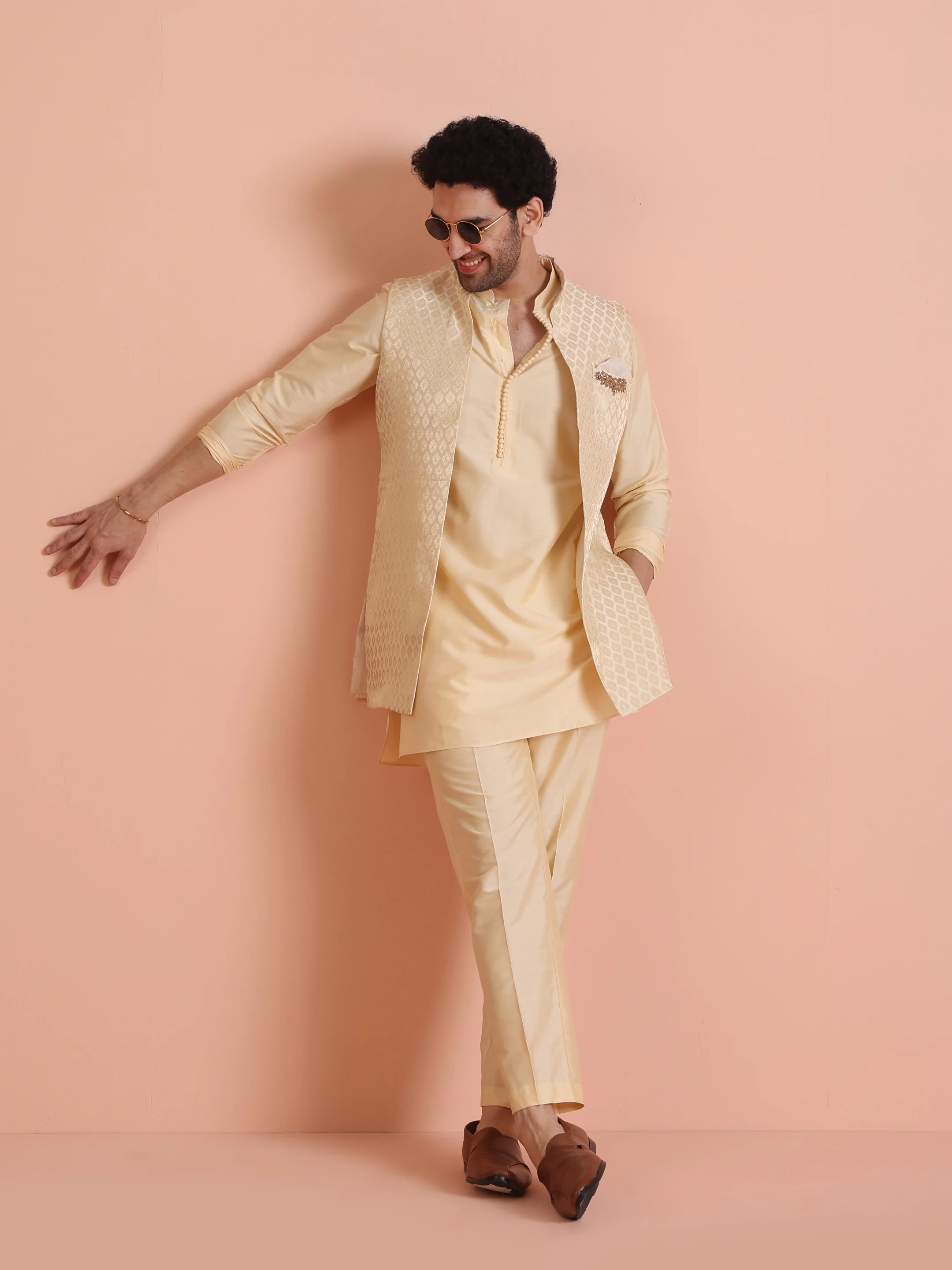 Beige Jacquard Silk Blend Kurta Jacket Set