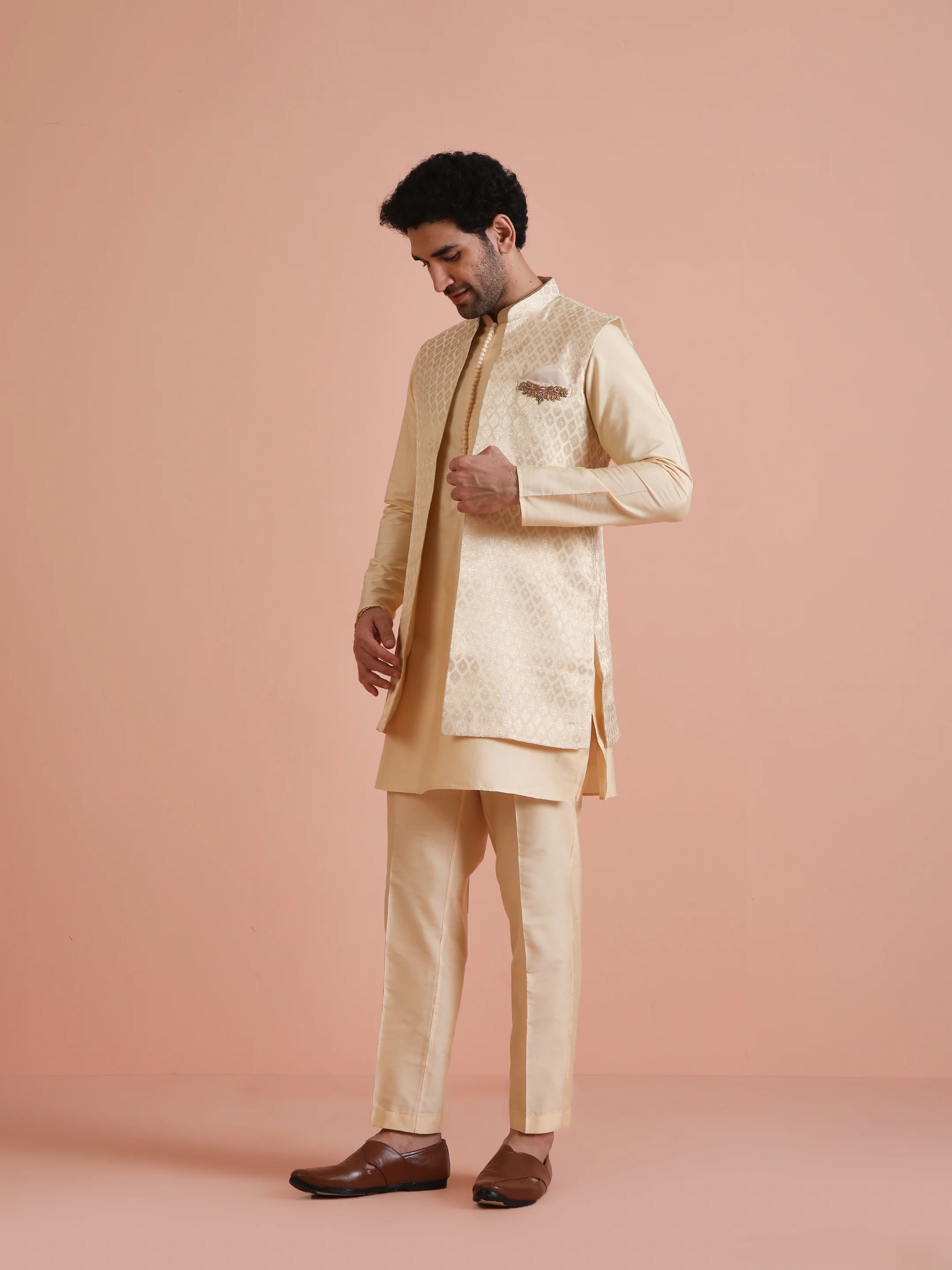Beige Jacquard Silk Blend Kurta Jacket Set - Image 2