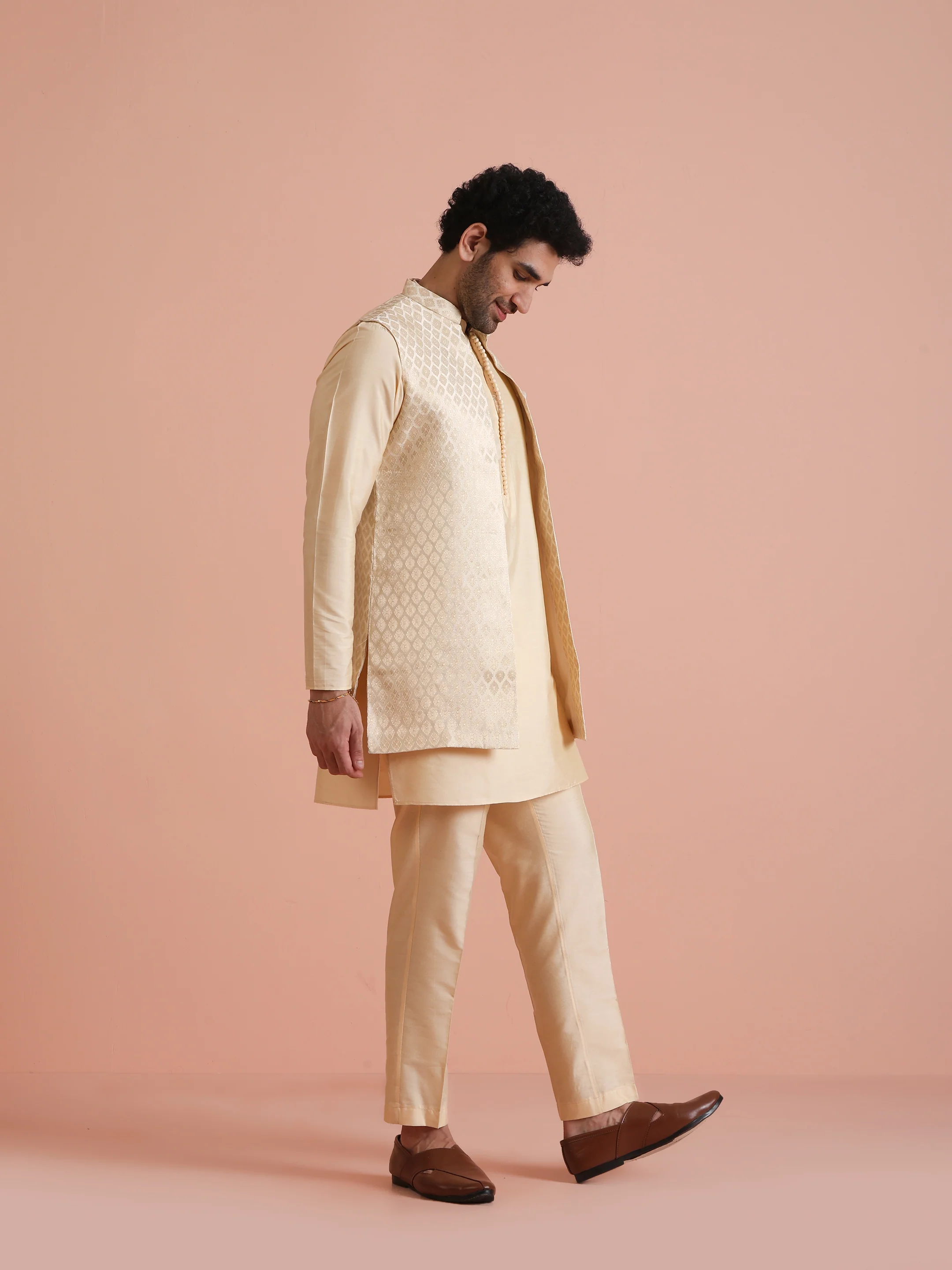 Beige Jacquard Silk Blend Kurta Jacket Set - Image 3
