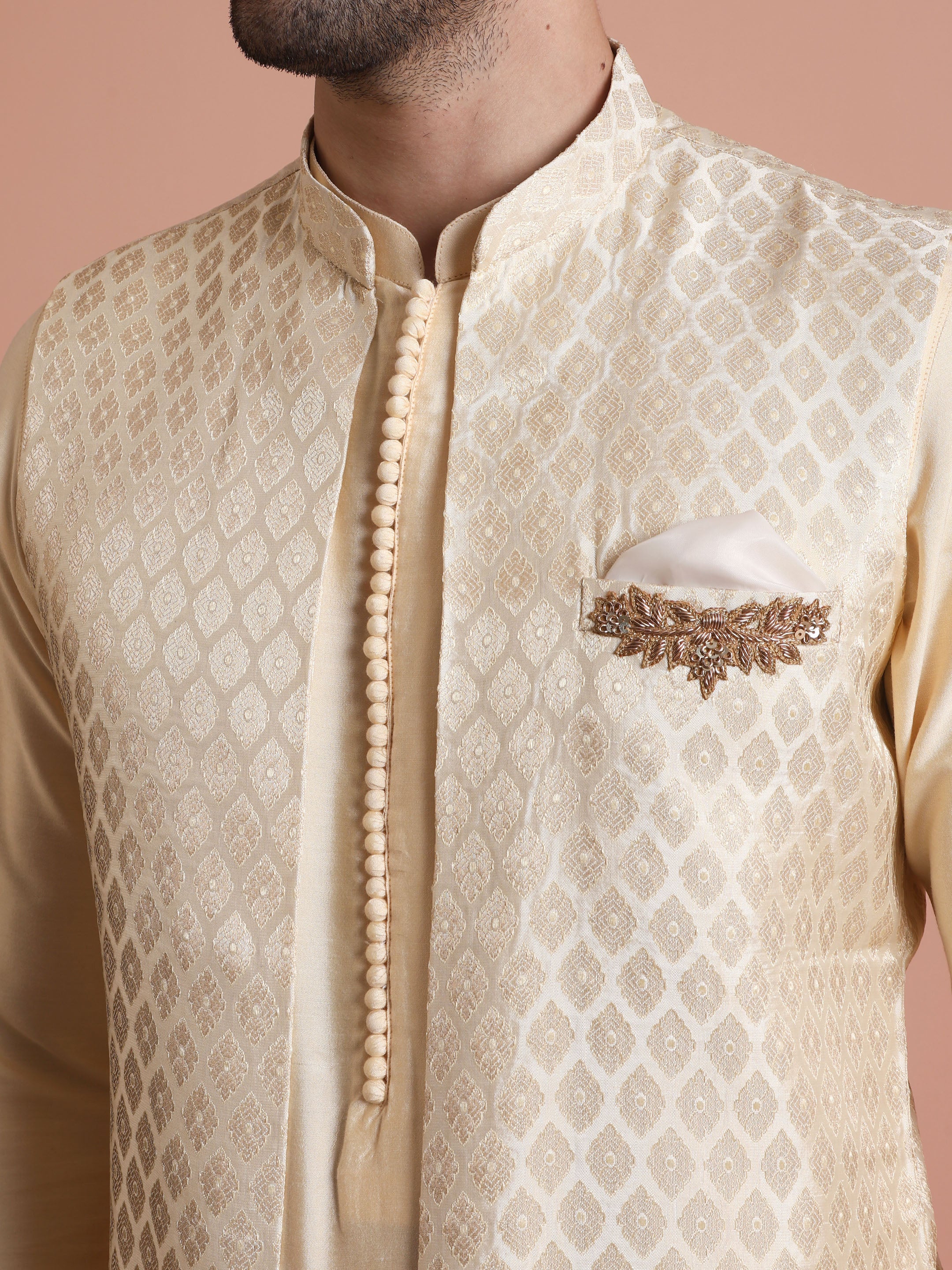 Beige Jacquard Silk Blend Kurta Jacket Set - Image 5