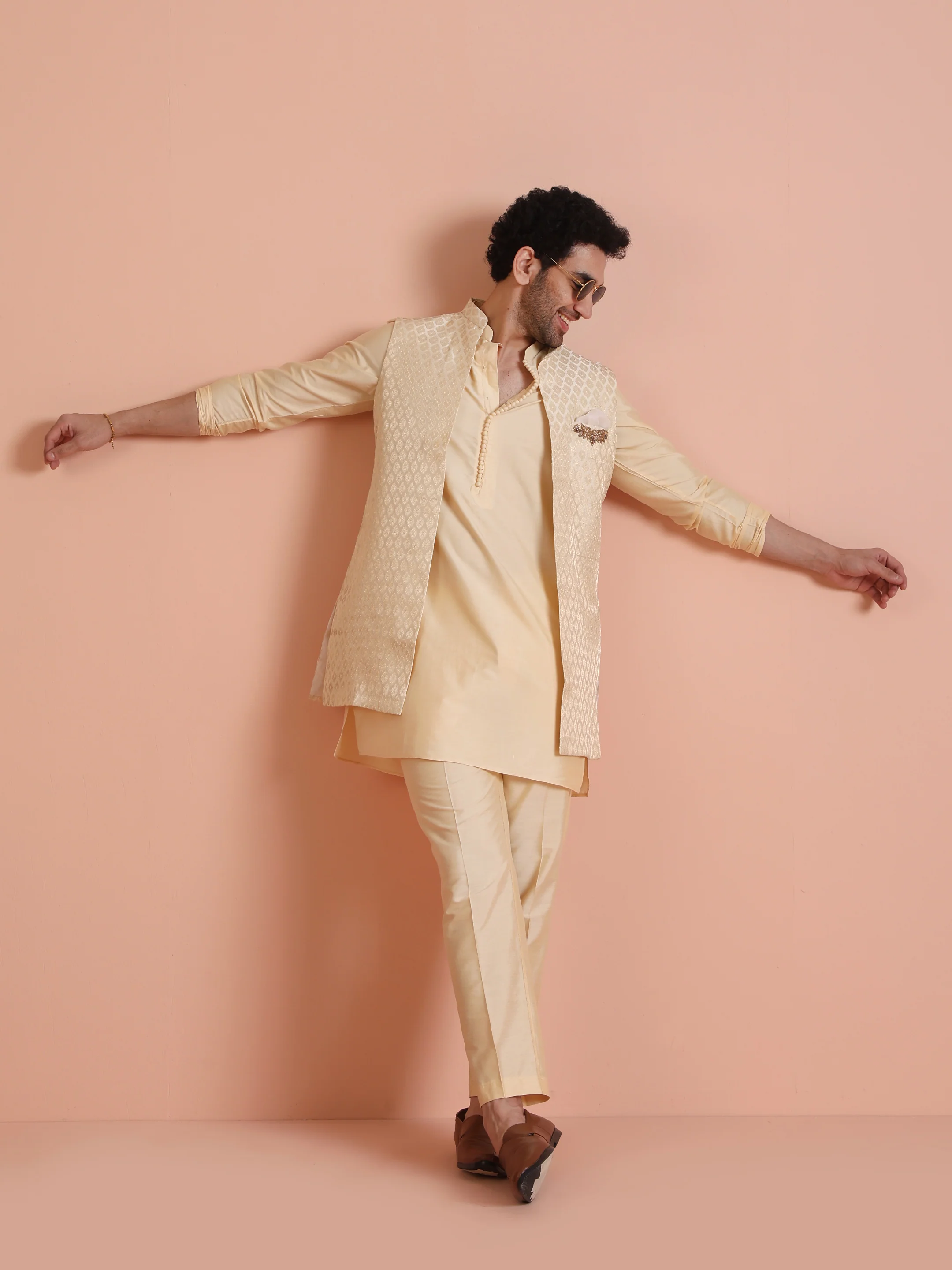Beige Jacquard Silk Blend Kurta Jacket Set - Image 8