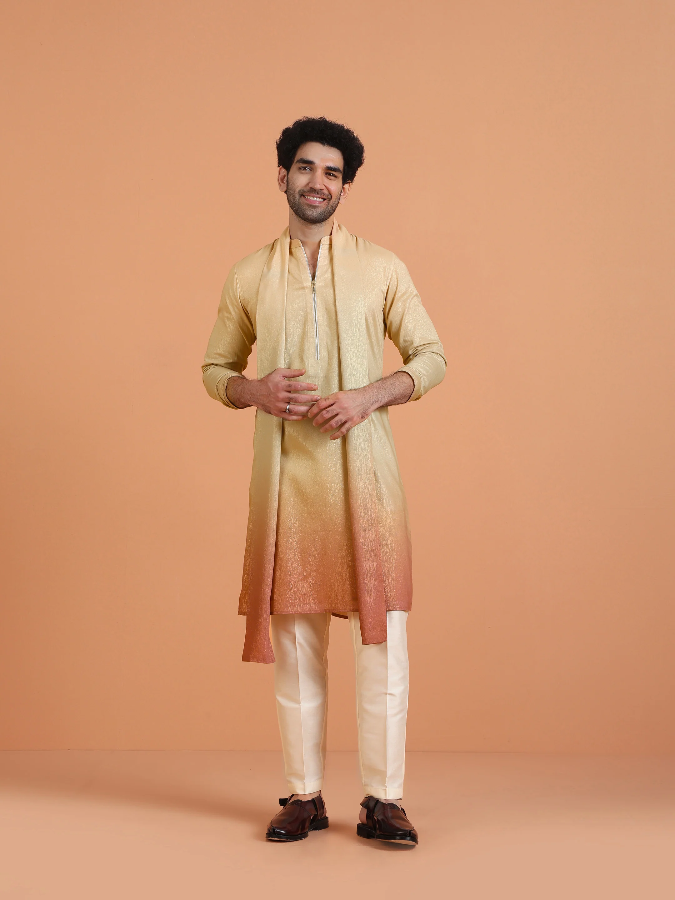 Beige Ombre Kurta Zip Set with Dupatta - Image 6
