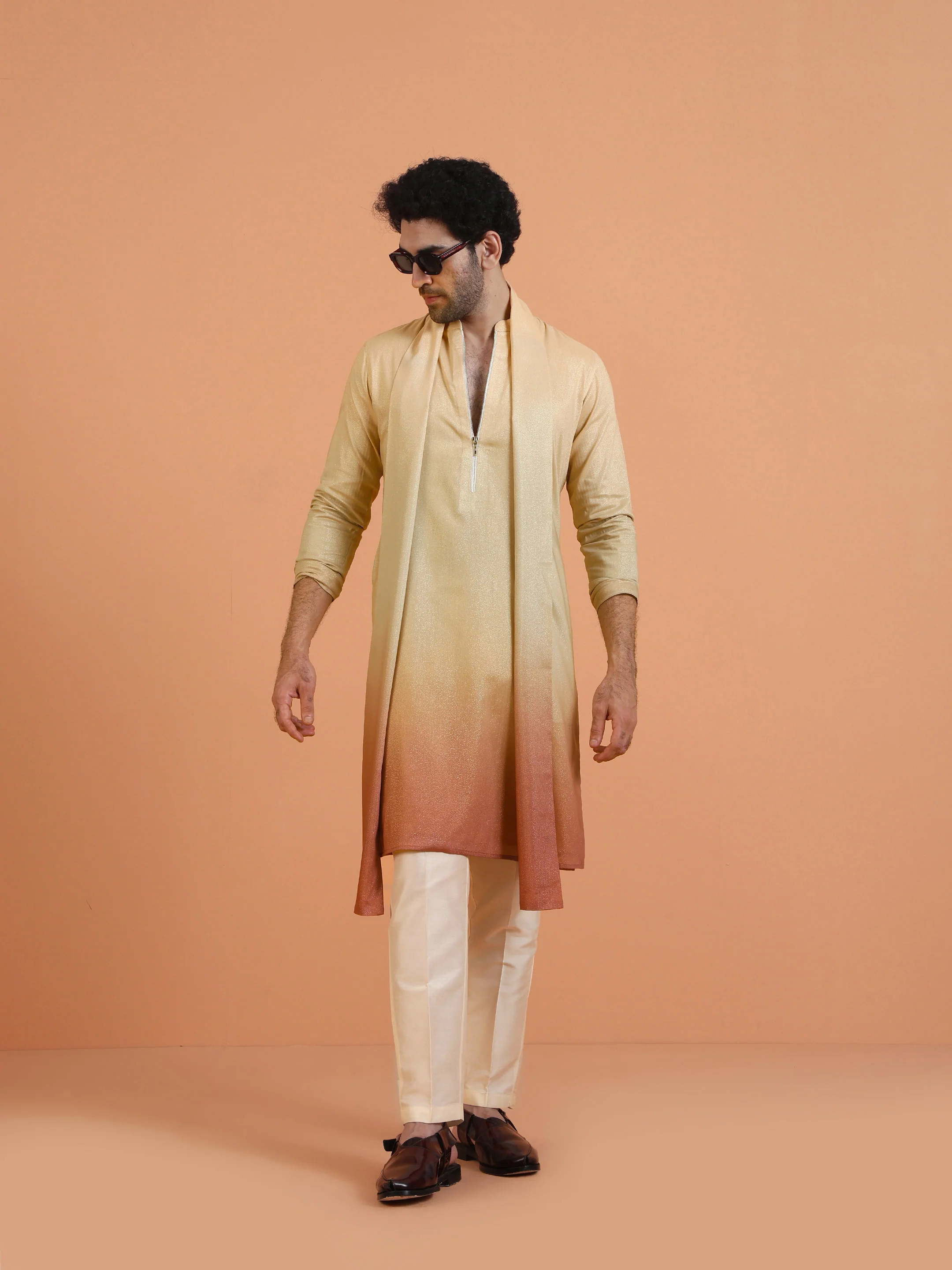 Beige Ombre Kurta Zip Set with Dupatta - Image 7