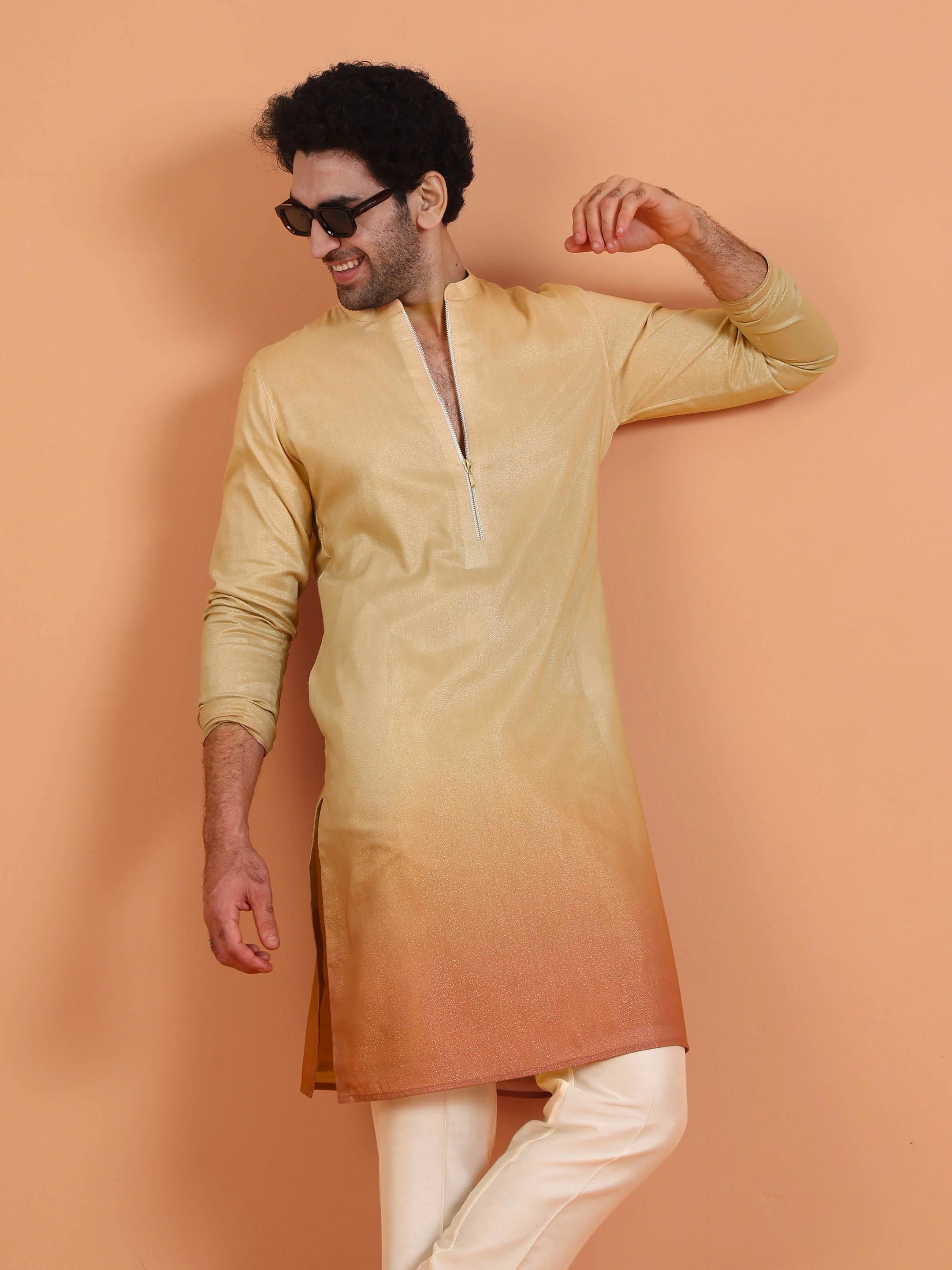 Beige Ombre Silk Kurta with Zip