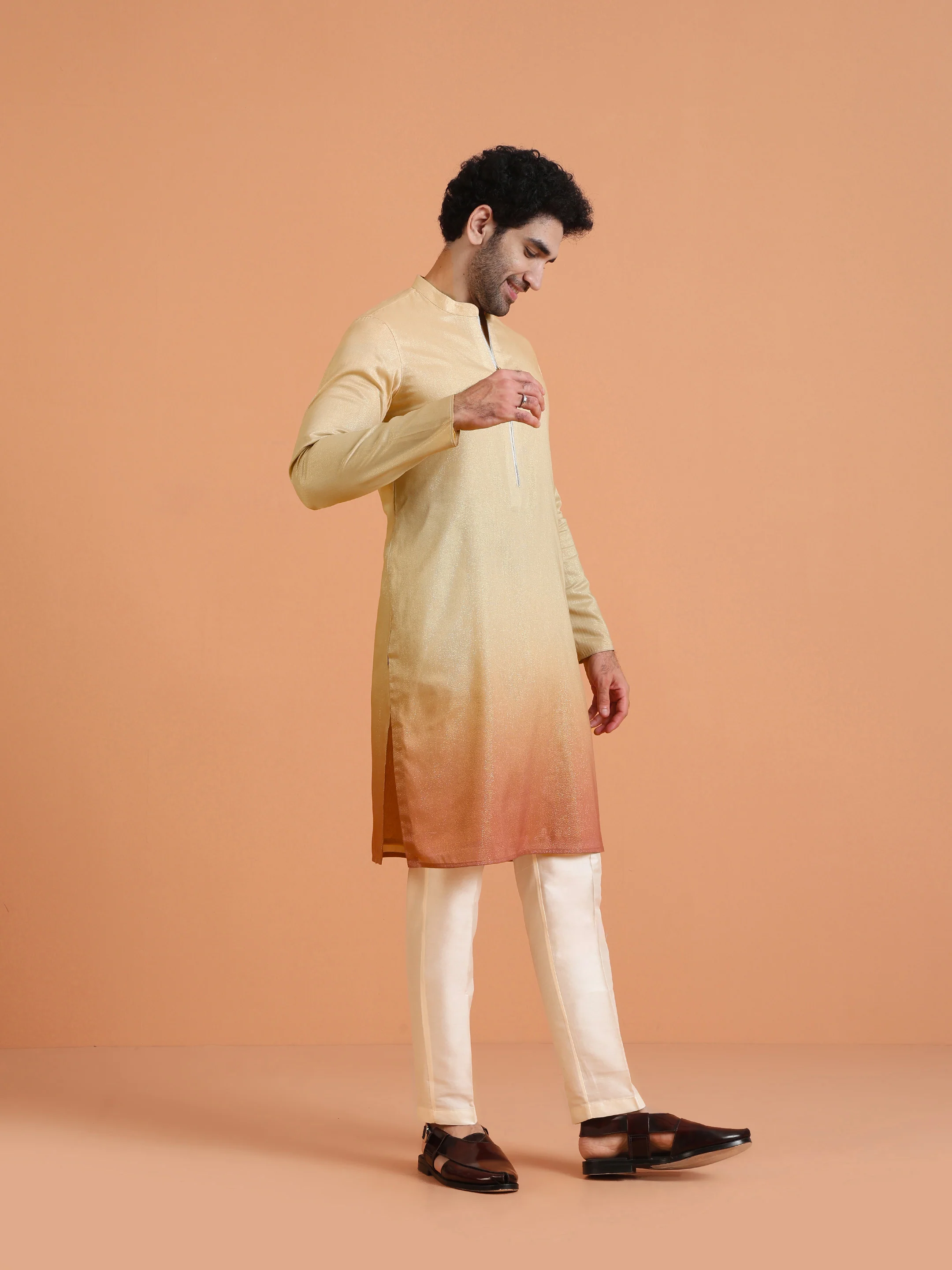 Beige Ombre Silk Kurta with Zip - Image 2