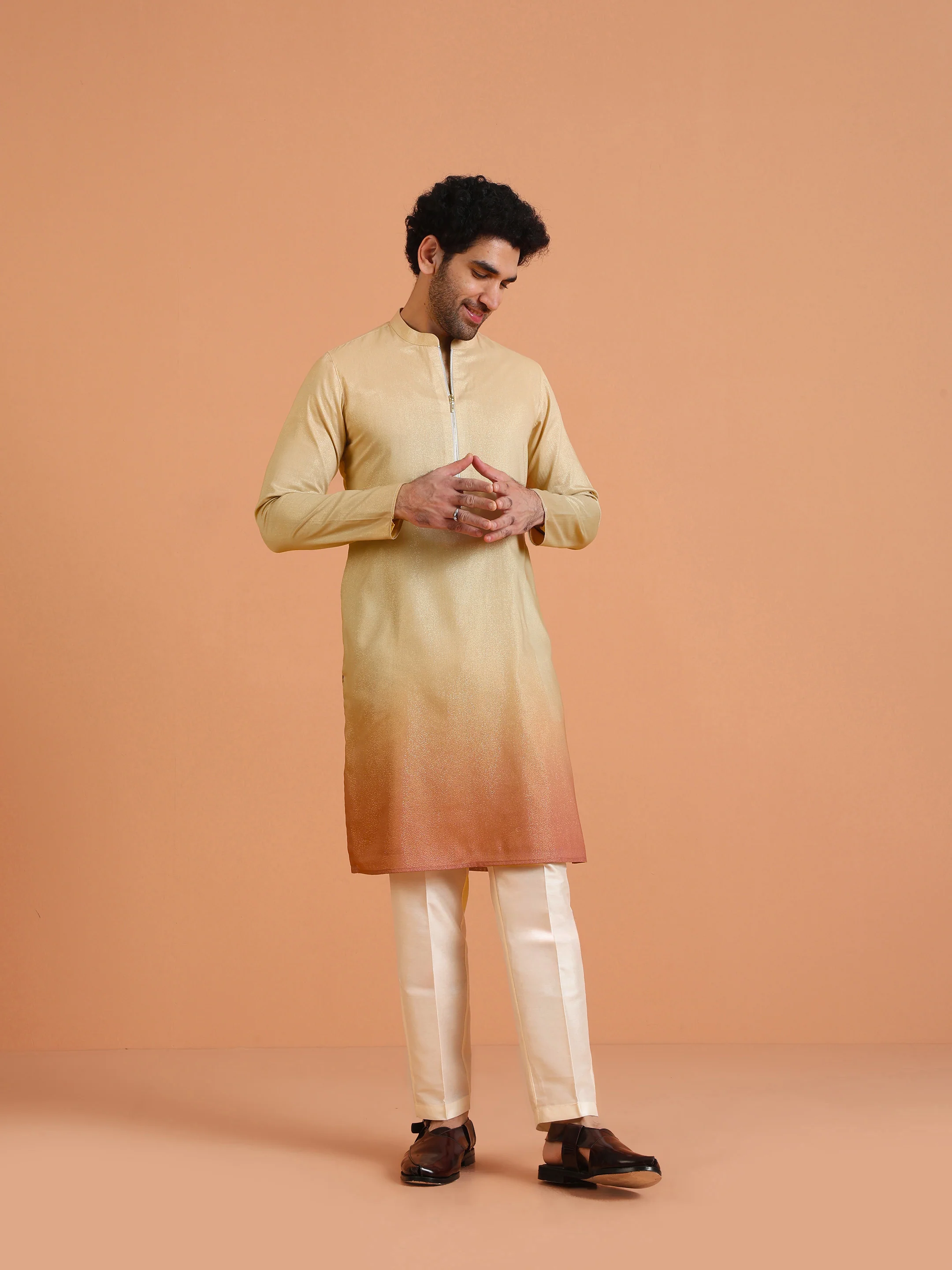 Beige Ombre Silk Kurta with Zip - Image 7