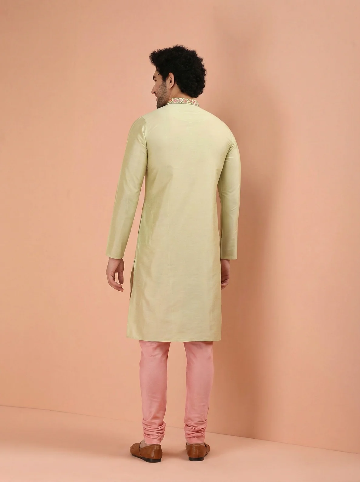 Beige Silk Blend Embroidered Kurta Churidar Set - Image 3