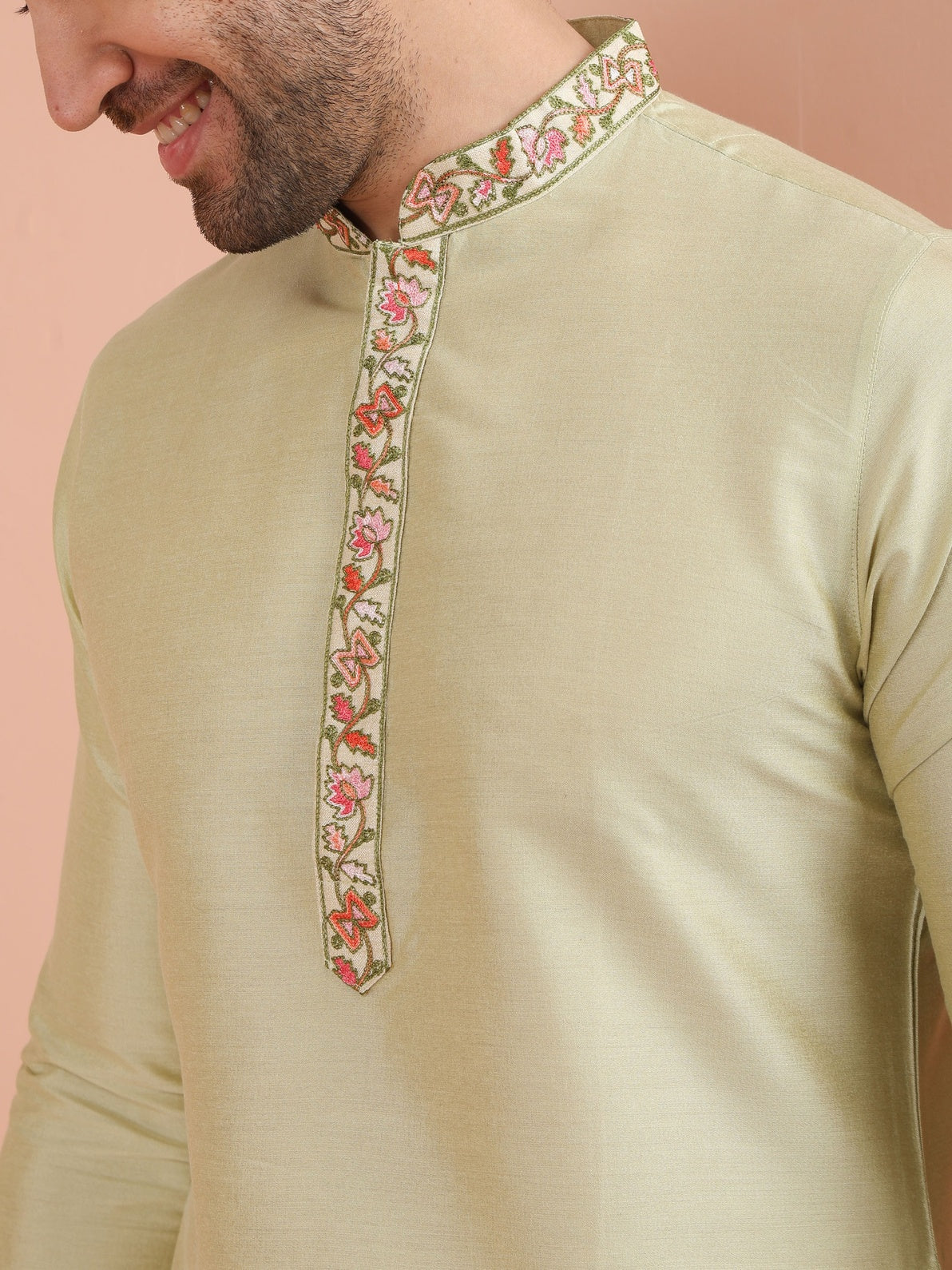 Beige Silk Blend Embroidered Kurta Churidar Set - Image 4