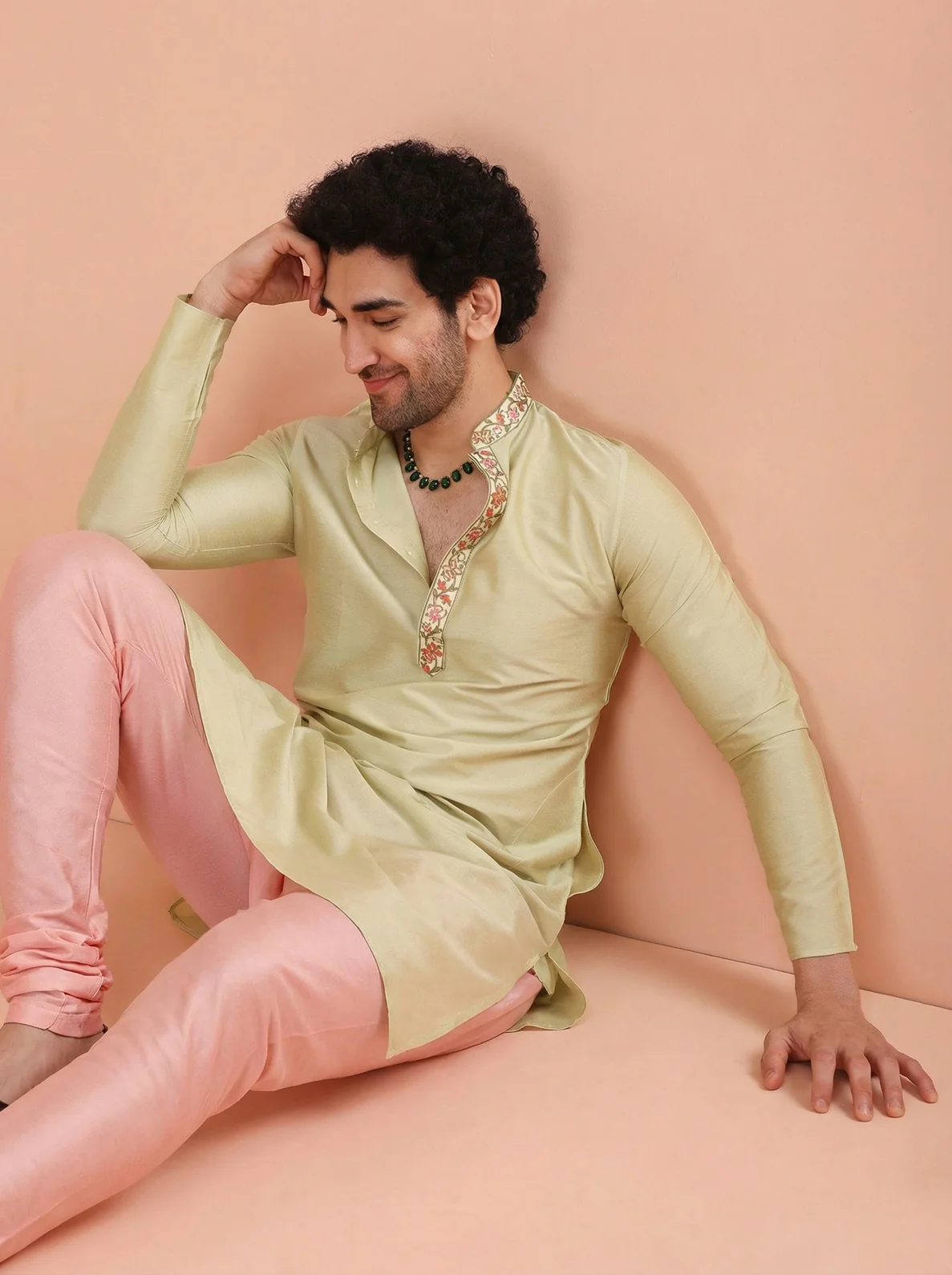 Beige Silk Blend Embroidered Kurta Churidar Set - Image 7